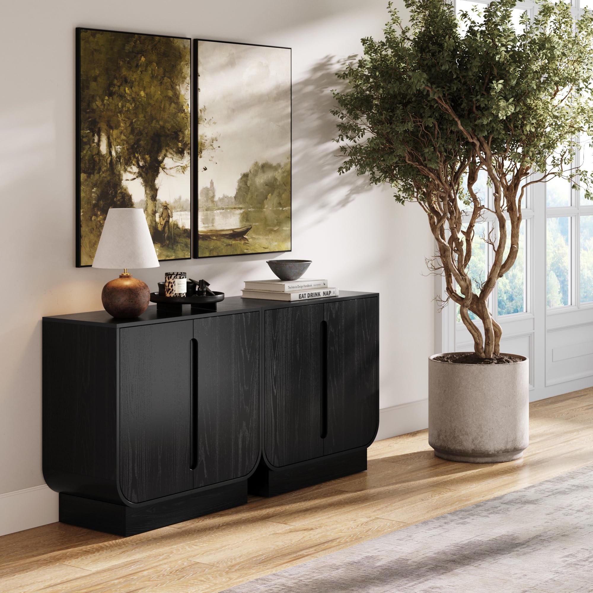 Nathan James Joey Mid Century Modern Storage Cabinet, Arched Accent Cabinet with Rounded Bottom Edges and Integrated Door Pull Cutouts, Black Oak Set of 2