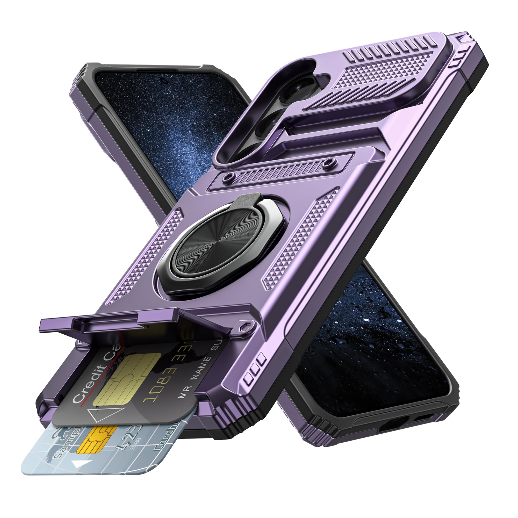 Vofolen for Samsung Galaxy S25 Plus Case with Card Holder [Store 2 Cards] +360° Rotated Ring Kickstand Dual Layer Heavy Duty Shockproof Wallet Cover