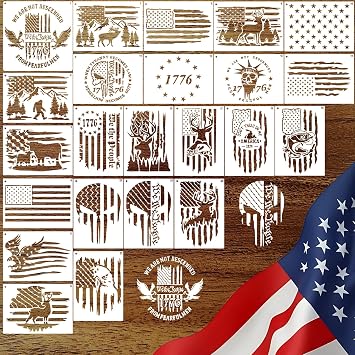 23Pcs American Flag Stencil Set,Reusable Patriotic Templates with 1776, We The People, 50 Stars, Eagle, Deer and Bear Designs for Painting on Wood, Signs, Walls, Furniture, Shirts and DIY Crafts