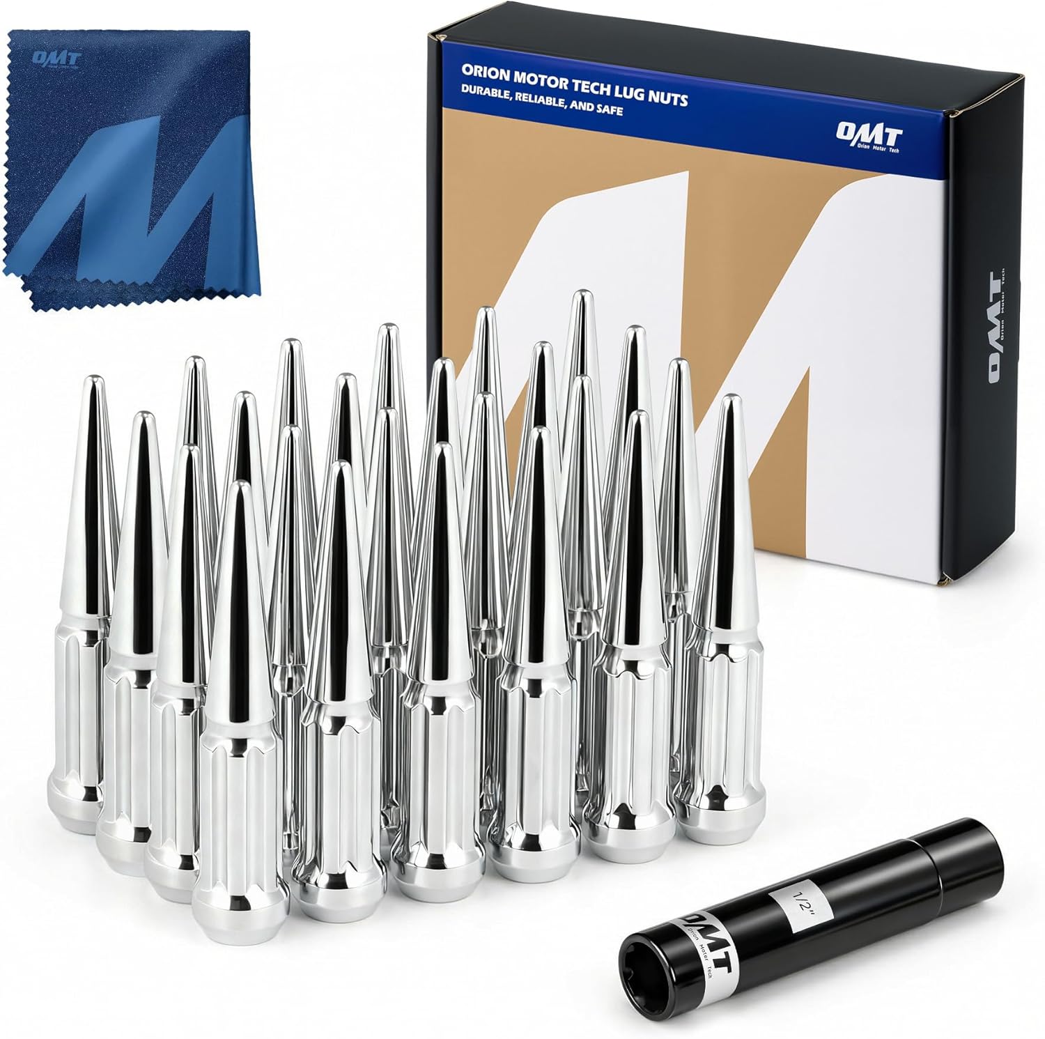 Orion Motor Tech M14x1.5 Chrome Spike Lug Nuts 24 Pack - 60° Conical Seat for Chevy Silverado, Ram 1500, Ford F-150, GMC Sierra