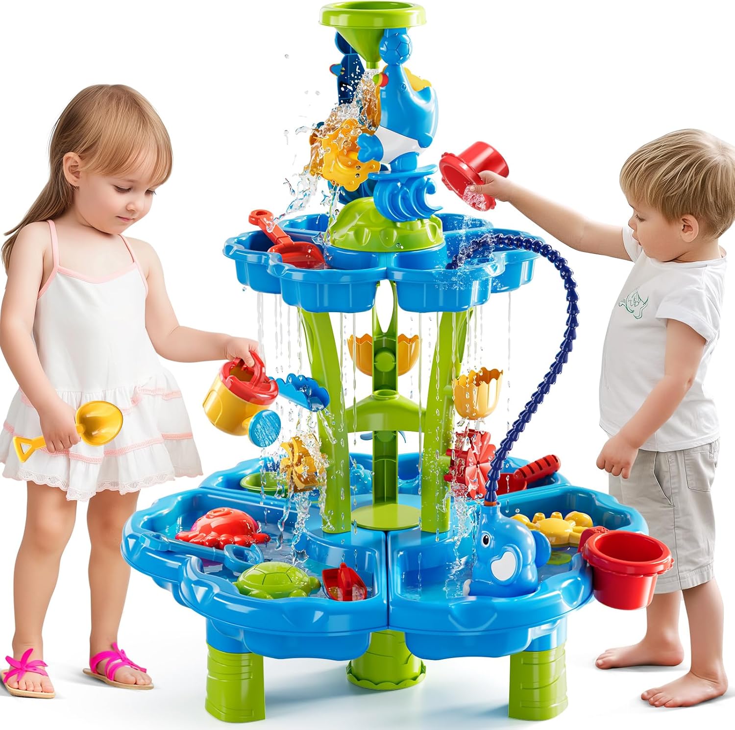 Auto Water Table for Toddlers 3-5, Kids Sand Water Table, Water and Sand Activity Sensory Table Summer Beach Outside Toys Backyard for Kids Toddlers Age 3 4 5 6 7 8 2-Tier Water Table with auto function