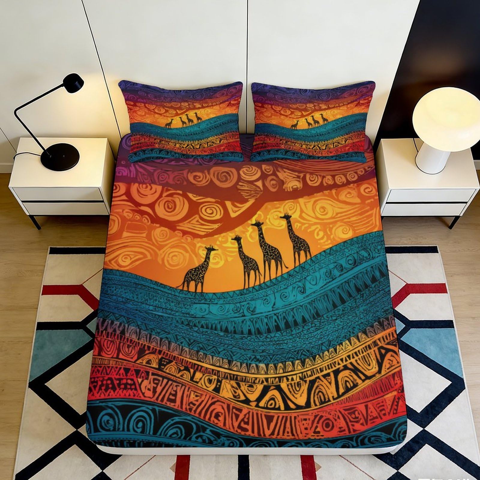 Pnayamiorkfel Style-8 3D Printed African Sunset Giraffe Fitted Sheet Microfiber Soft Breathable Tribal Pattern Mattress Cover For Bedroom Decor 90X200x25cm