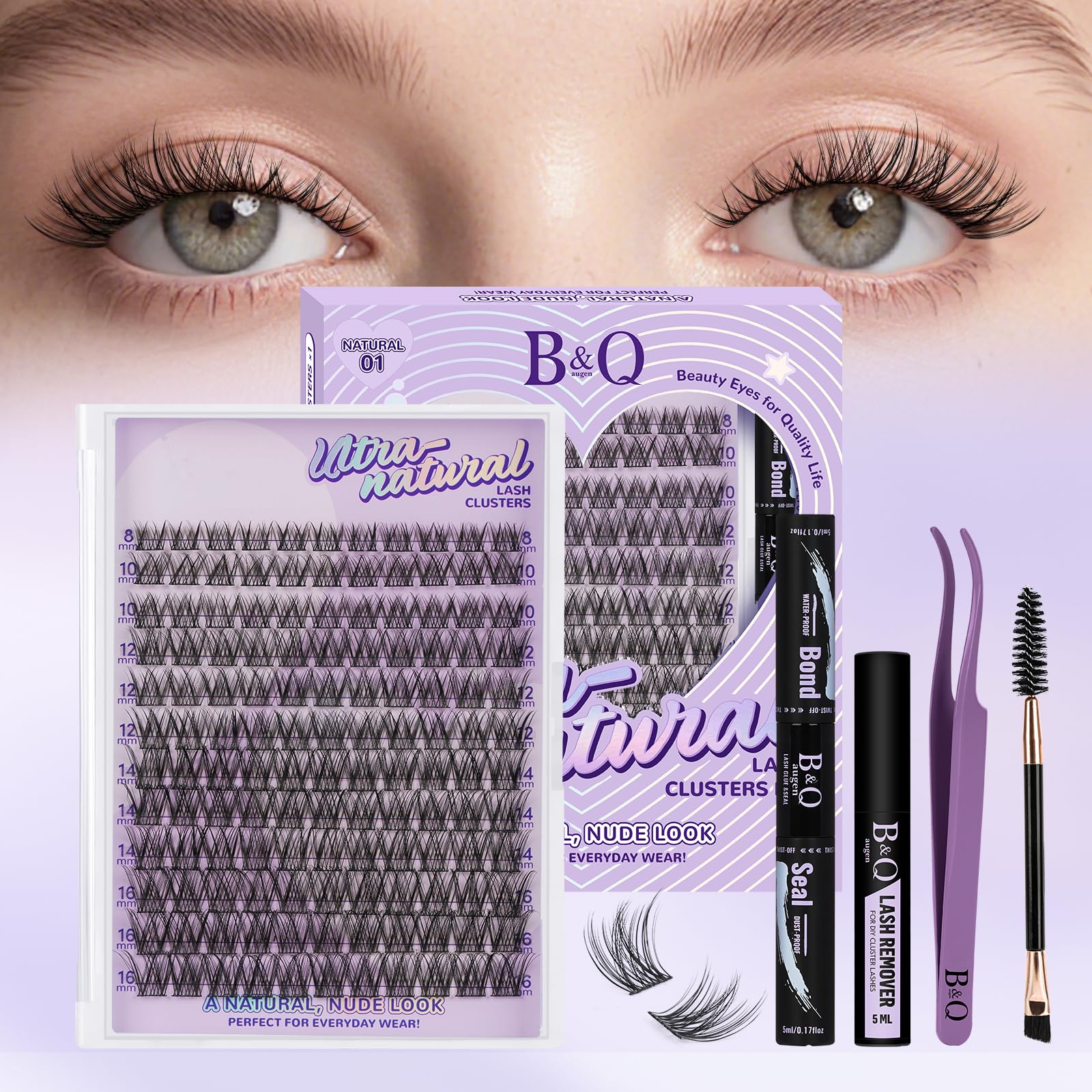 B&Q Lash Extension Set 132pcs Wispy NatüRliche Wimpern Extensions Set DüNnes Band 8-16mm Komfort Weich Wimpern Cluster Katzenaugen Lash Cluster set Bond Und Seal Und Pinzette（Kit-Natural 01)