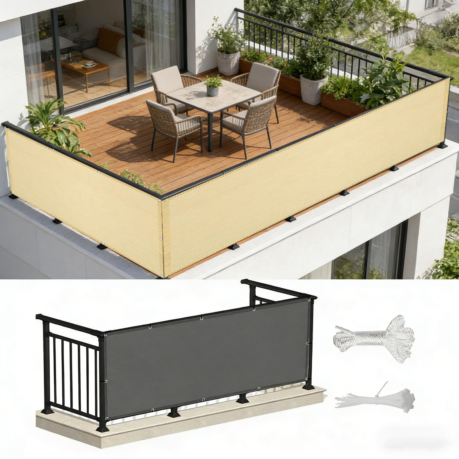 Brise vue balcon protection UV coupe-vent pour terrasse et jardin crème