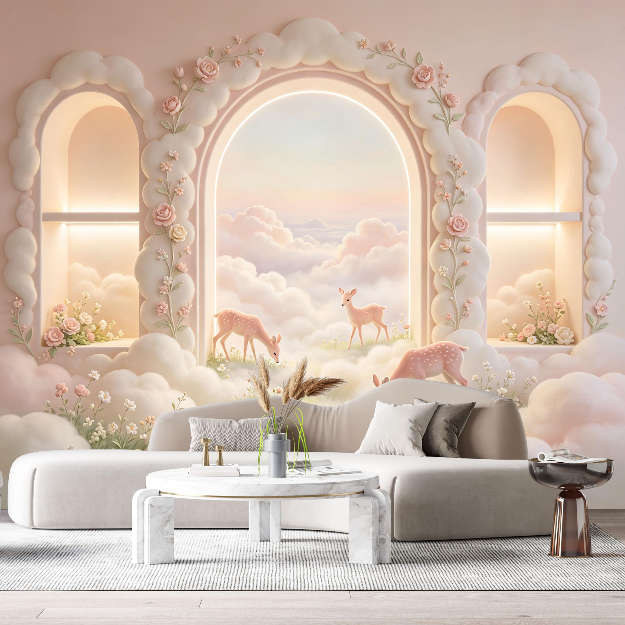 Custom Size Wall Murals Pink Cloud Arch Deer Floral 3D Trompe L'Oeil SelfAdhesiveWall Fabric Removable Wallpaper Wall Decor for Living Room Bedroom Bathroom