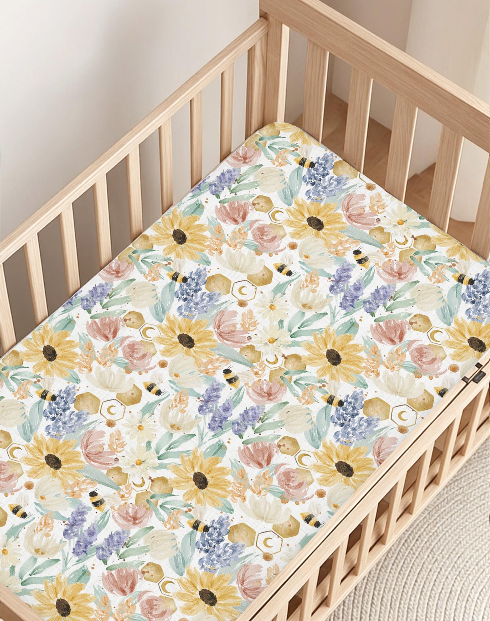 Sábanas para cuna para niños y niñas, paquete de 2 sábanas bajeras de punto jersey para colchón estándar de niños pequeños de 28 x 52 pulgadas, ropa de cama de bebé suave y transpirable (09-flor)