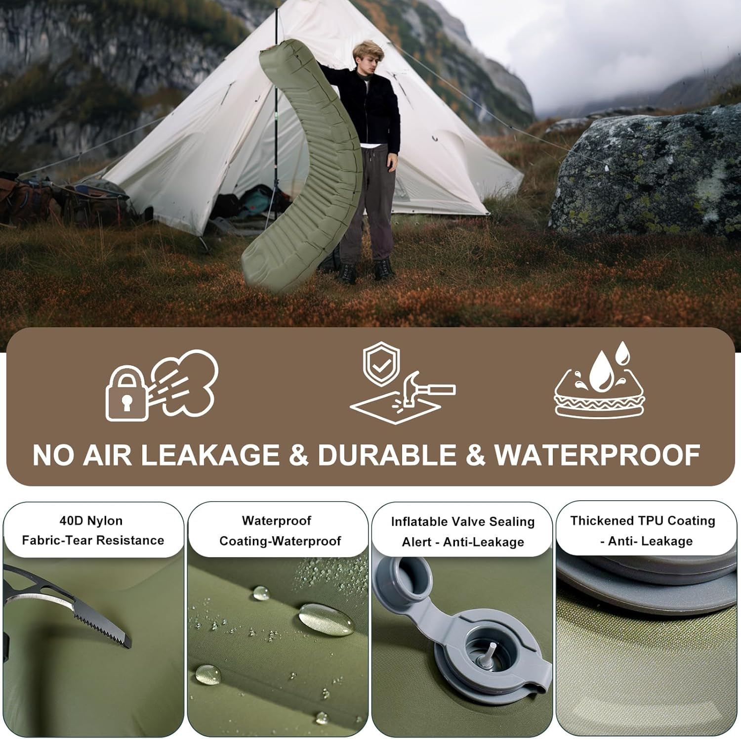 Origem Self Inflating Sleeping Pad for Camping, 5.5 Inch Ultra-Thick Camping Mat with Built-in Pump, Outdoor Ultralight Sleepinging Mat for Camping Tent, Backpacking, Hiking and Traveling(Green)