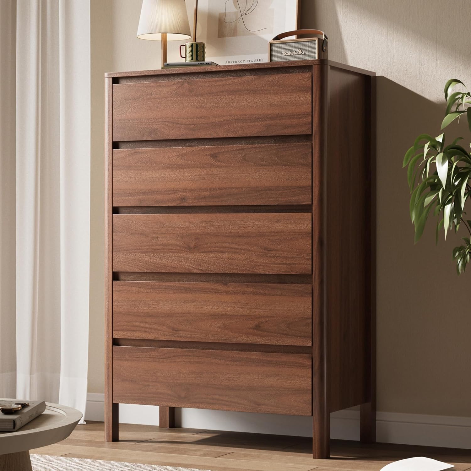 Walnut 5 Drawer Dresser for Bedroom, Modern Tall Dresser with Hidden Handles, Space-Saving Wooden Drawer Organizer, Living Room, or Hallway, Vertical Storage Chest of Drawers, 45.7" H