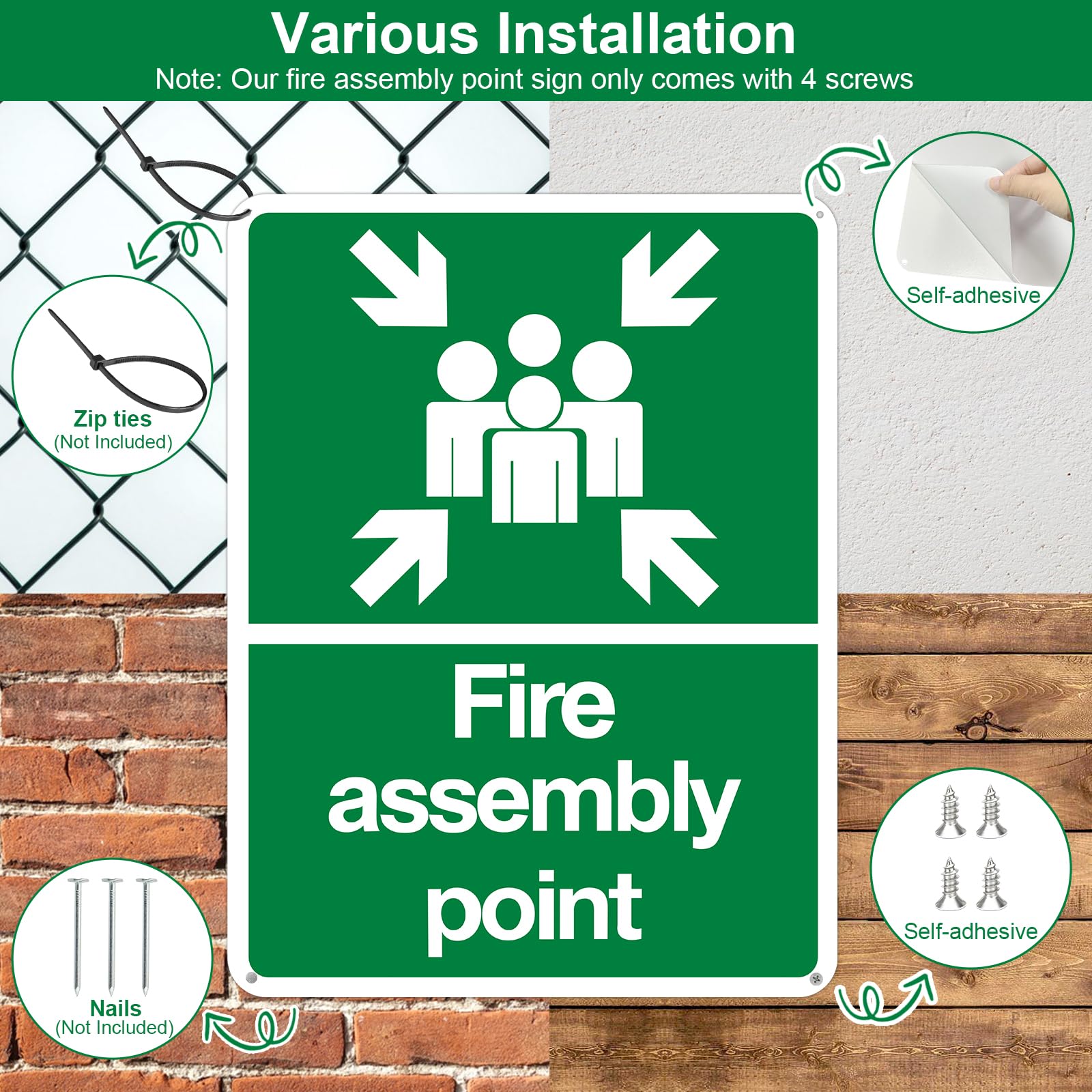 KKUOYT Fire Assembly Point Sign Outdoor 400 x 300 x 1mm Rigid Plastic Assembly Point Sign large Fire Safety Signs for Buildings Schools - Image 4