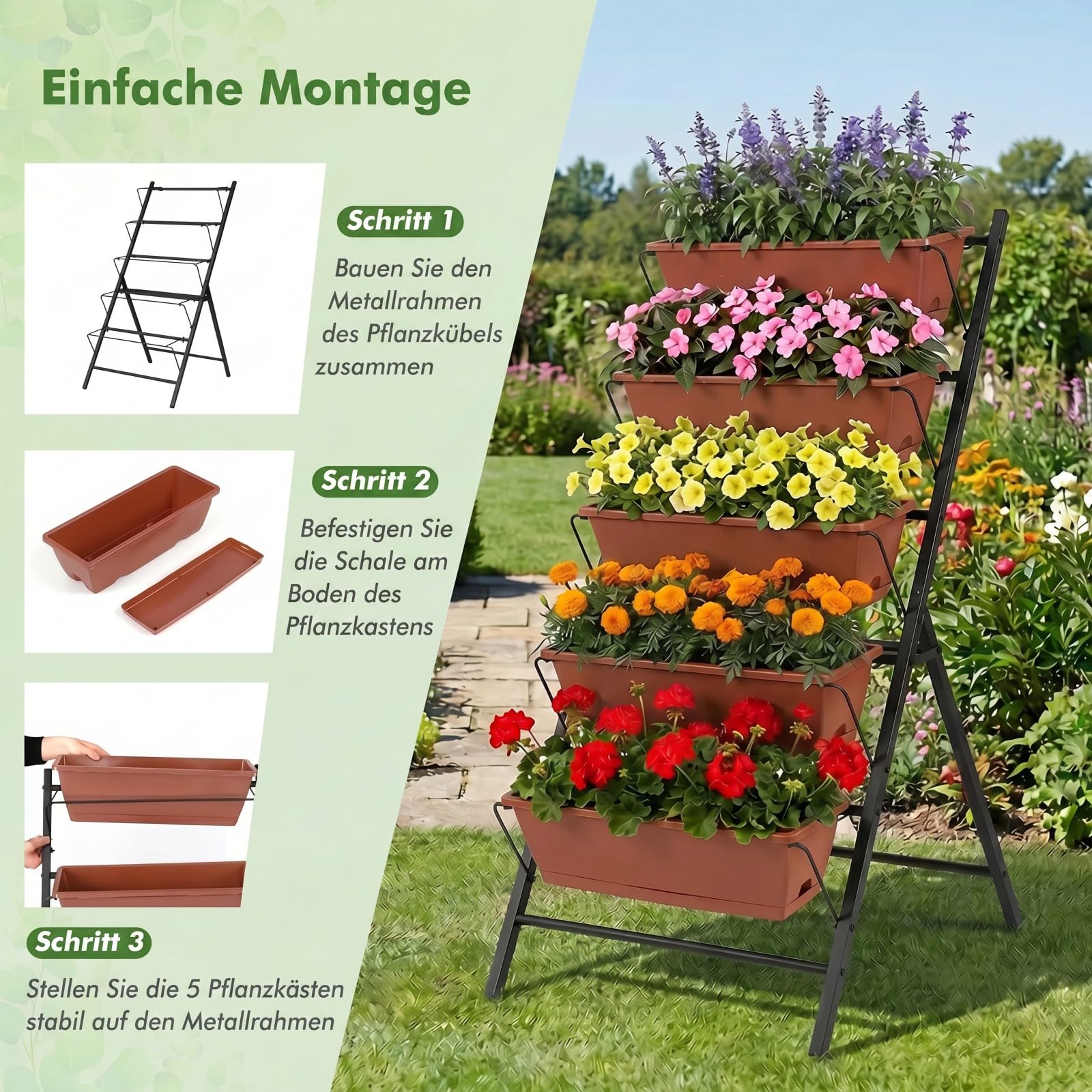 COSTWAY 5-stufiges Hochbeet, vertikales Pflanzenbeet mit 5 Blumenkästen & Drainagelöchern, Vertikalbeet freistehend, Blumentreppe für Gemüse Kräuter Blumen, 57 x 71 x 115 cm (Rot)