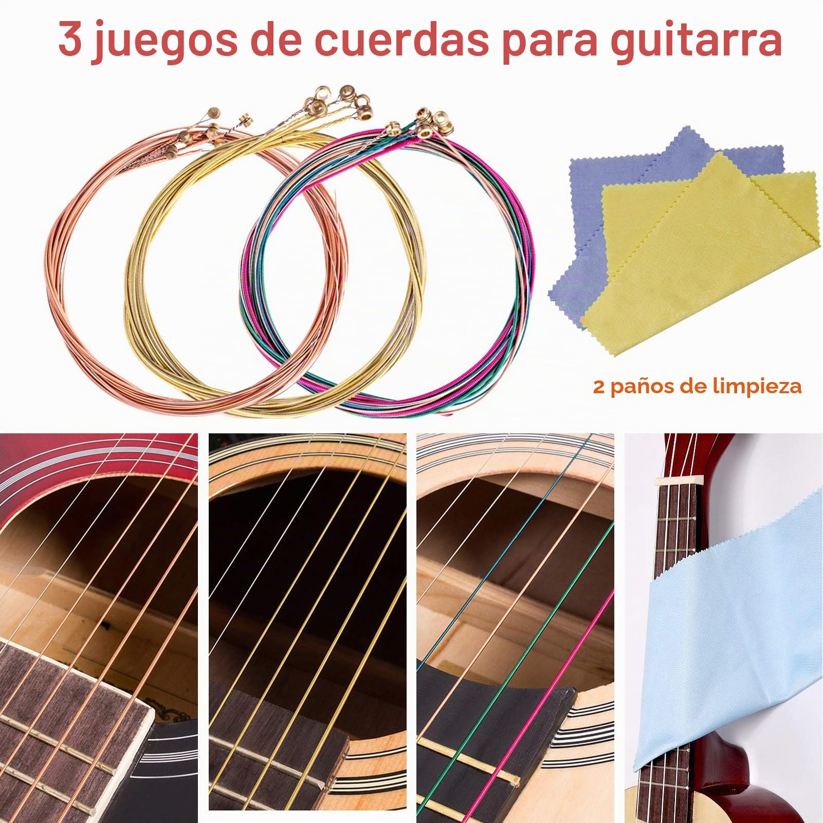 TTCR-II Accesorios Guitarra 78 Piezas con Afinador Guitarra,Correa,Soporte pared,Cejilla,15 Puas,3 juegos Cuerdas,Puente,Cejuela acustica