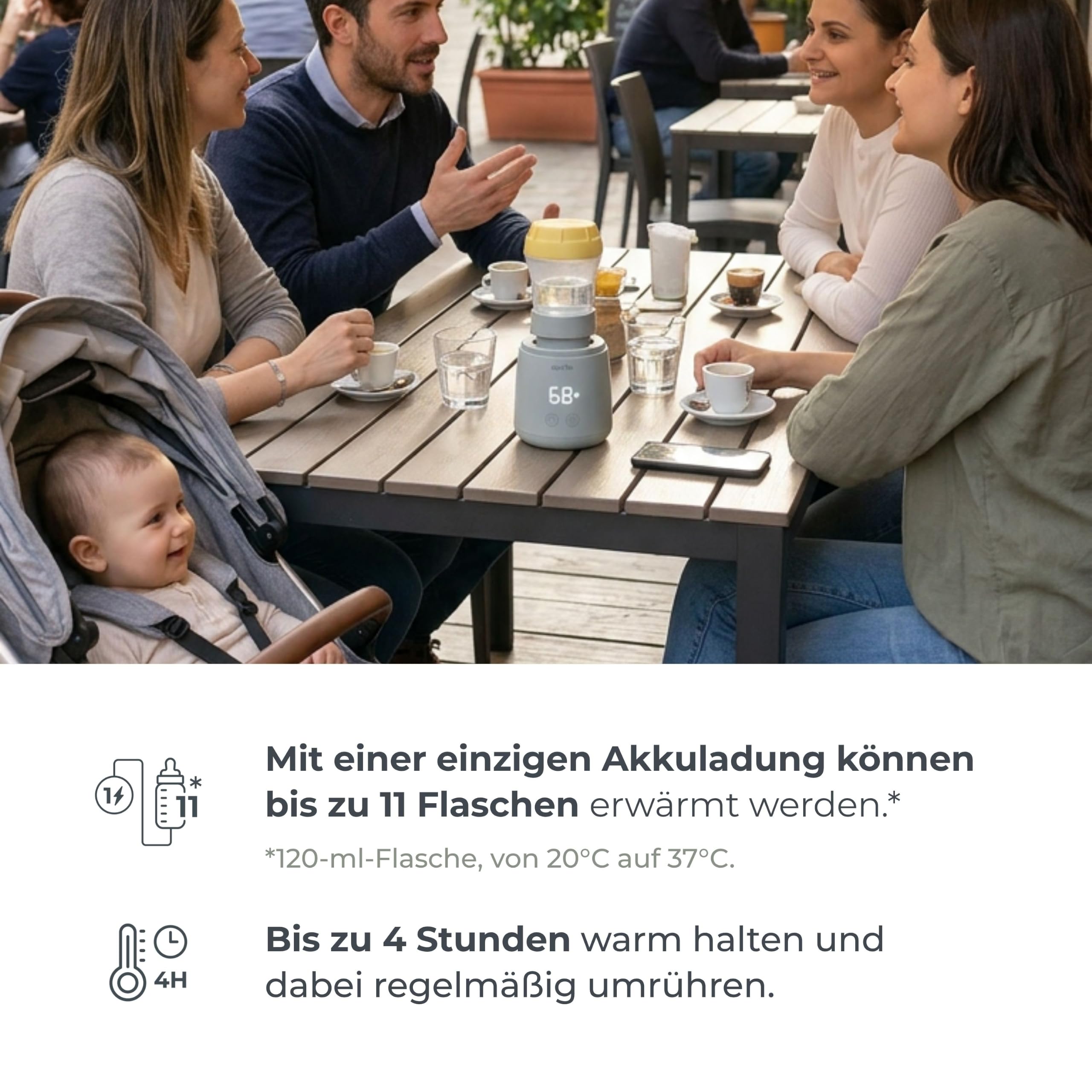 Nuvita 1164 Mix70 Tragbarer Flaschenwärmer mit Mischfunktion, 5 Temperaturen bis 70°C, Universal mit 6 Adaptern inklusive, Wiederaufladbarer Akku, LED-Display, BPA-frei