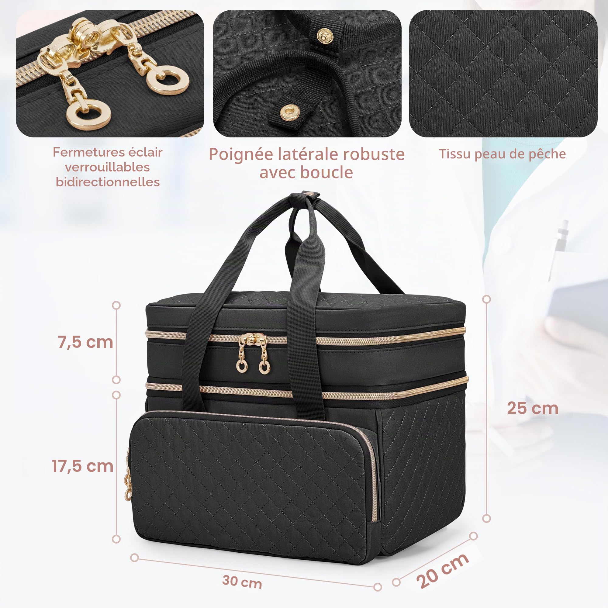 Yarwo Mallette Infirmière Libérale à Double Couche, Trousse de Secours avec Rangement pour Médicaments, Sac Médical Noir
