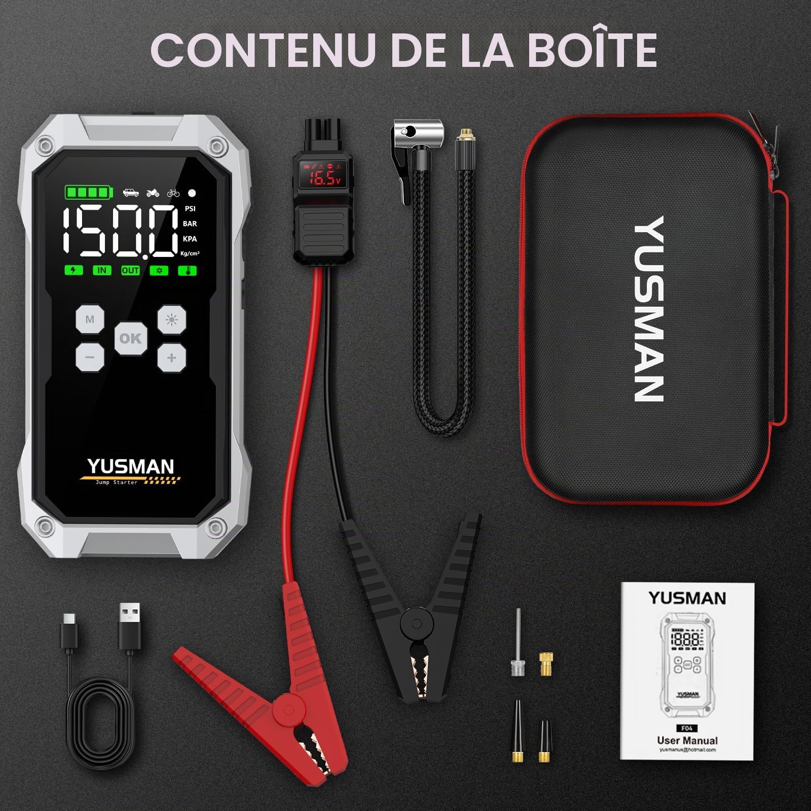 Booster Batterie Voiture 9000A, 160PSI Gonfleur Pneus Voiture, 12V Car Battery Jump Starter(Tous Gaz/Essence & 10L Diesel), Pinces Sécurité Intelligentes, LED
