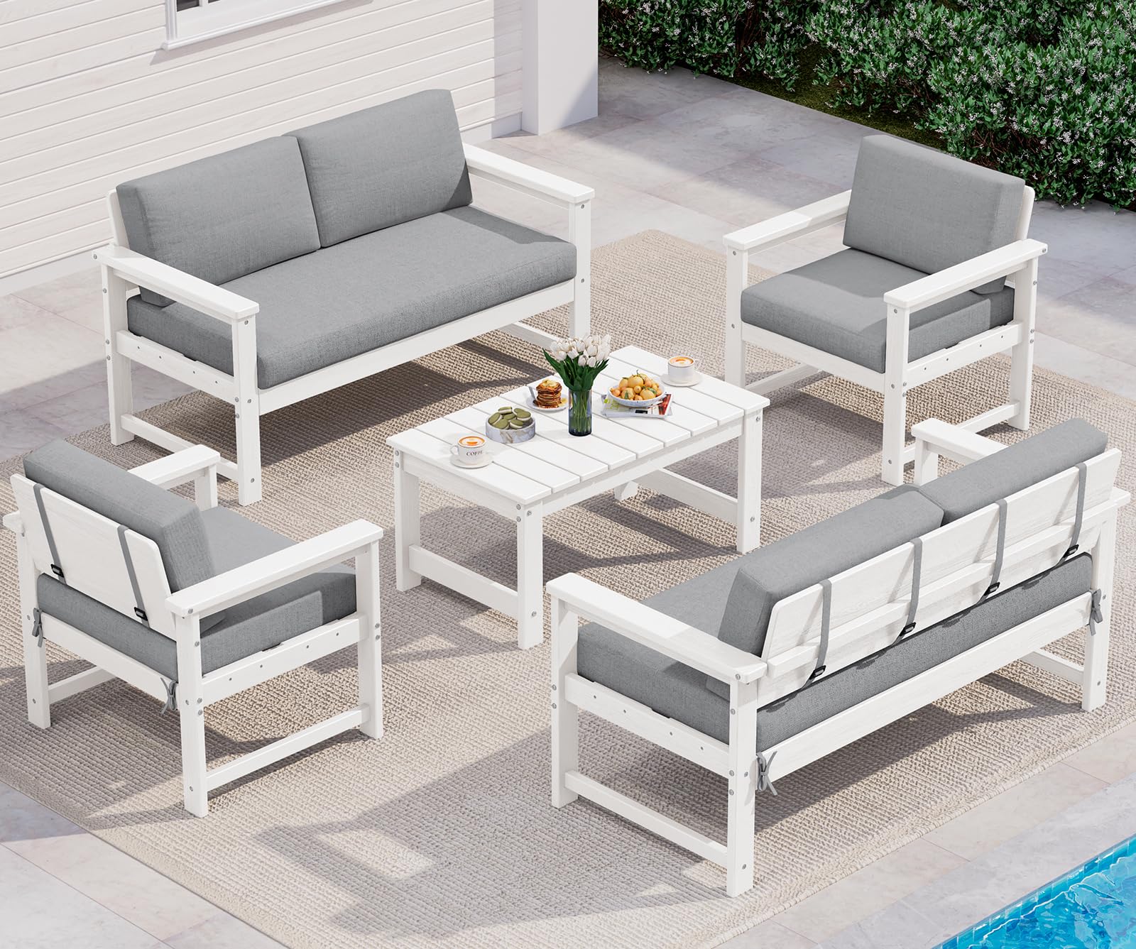 SERWALL 5 Pieces HDPE Outdoor Conversation Sofa Set with Cushion