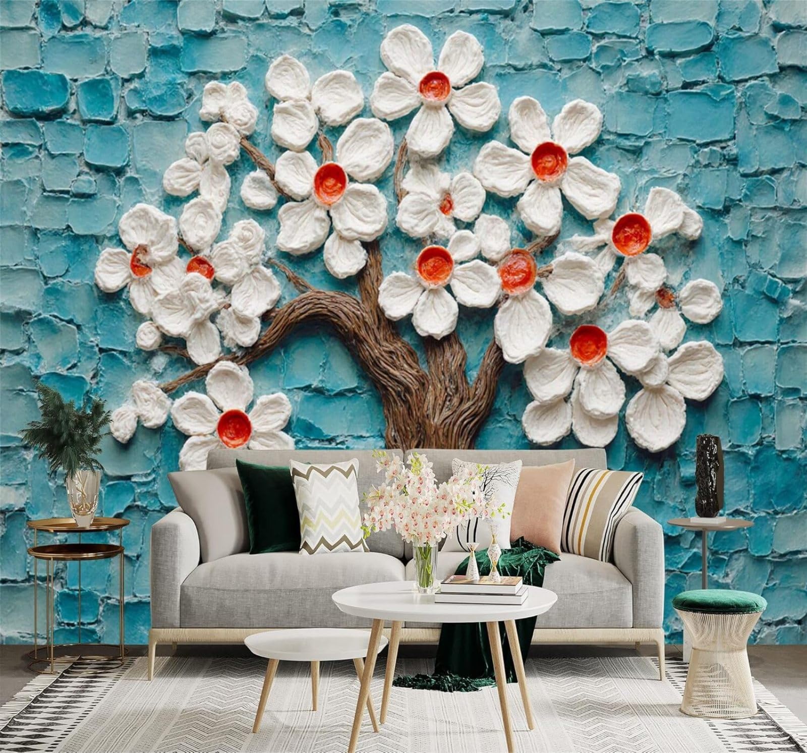 Xlming 300Cm×210Cm(B×H) White Flowers Trees Abstract Blue Mosaic 3D Wallpaper Silky Texture Home Study Office Grey Dining Room Sofa Bedroom Living Room Tv Backdrop-300Cm×210Cm
