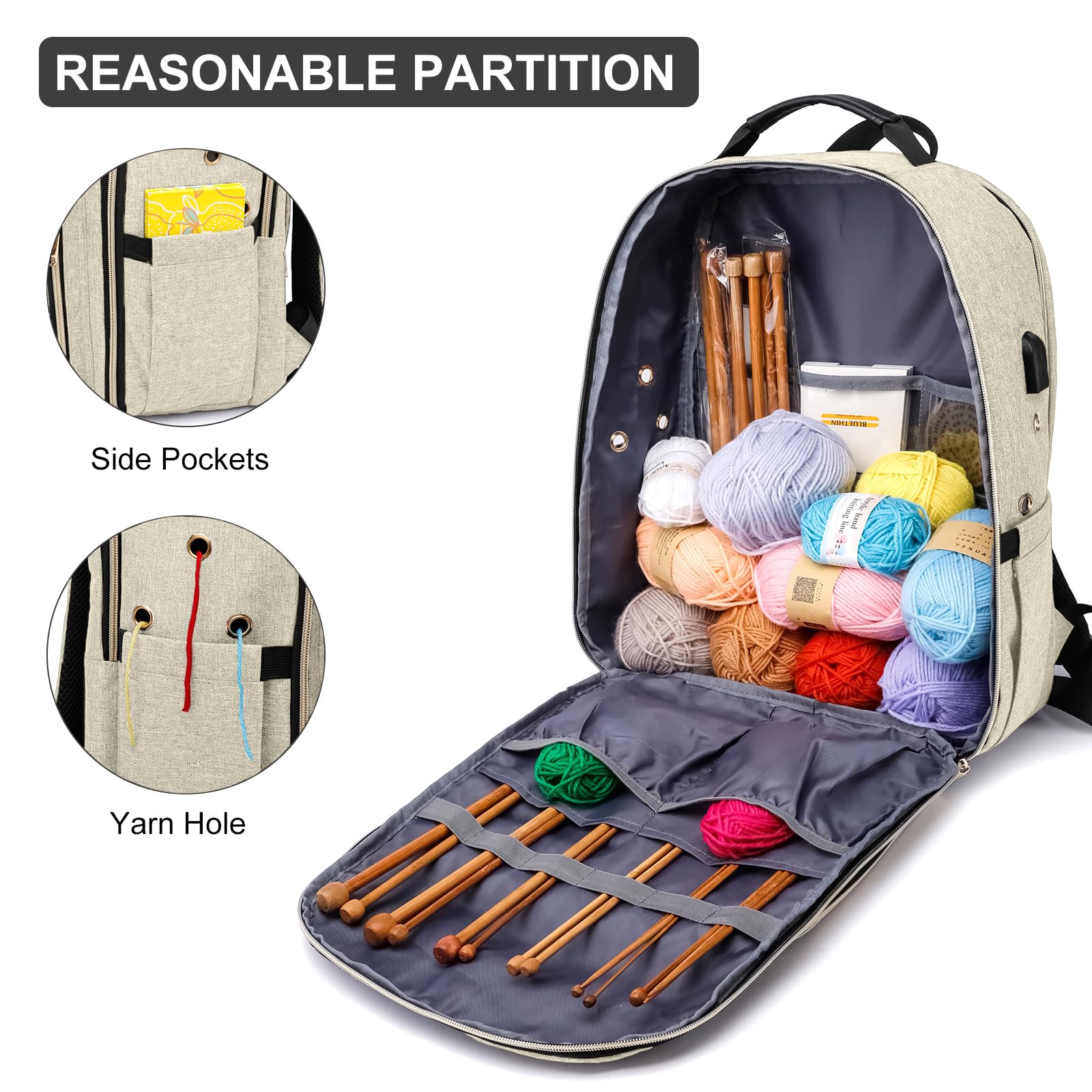 Knitting Backpack Yarn Storage Organizer with USB Port, Tote Bag for Needles Knitting Bag Backpack Yarn Storage Organizer Travel Bag with  main image 4