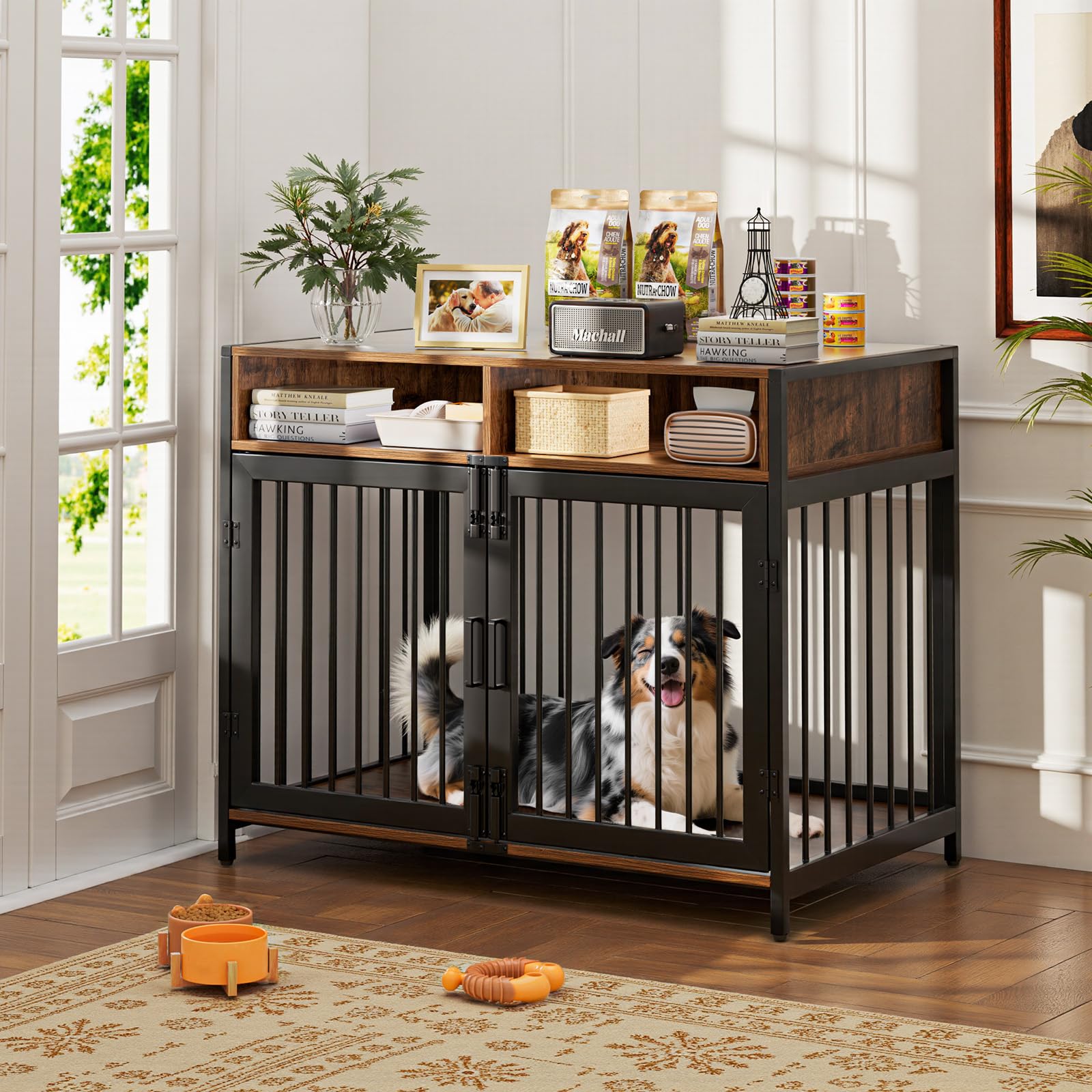 Gimars Mobile per Cani con Cassetti, Gabbia Decorativa per Interni, per Cani di Taglia Piccola, Media e Grande, 94 x 58 x 63 cm, Colore Marrone Rustico
