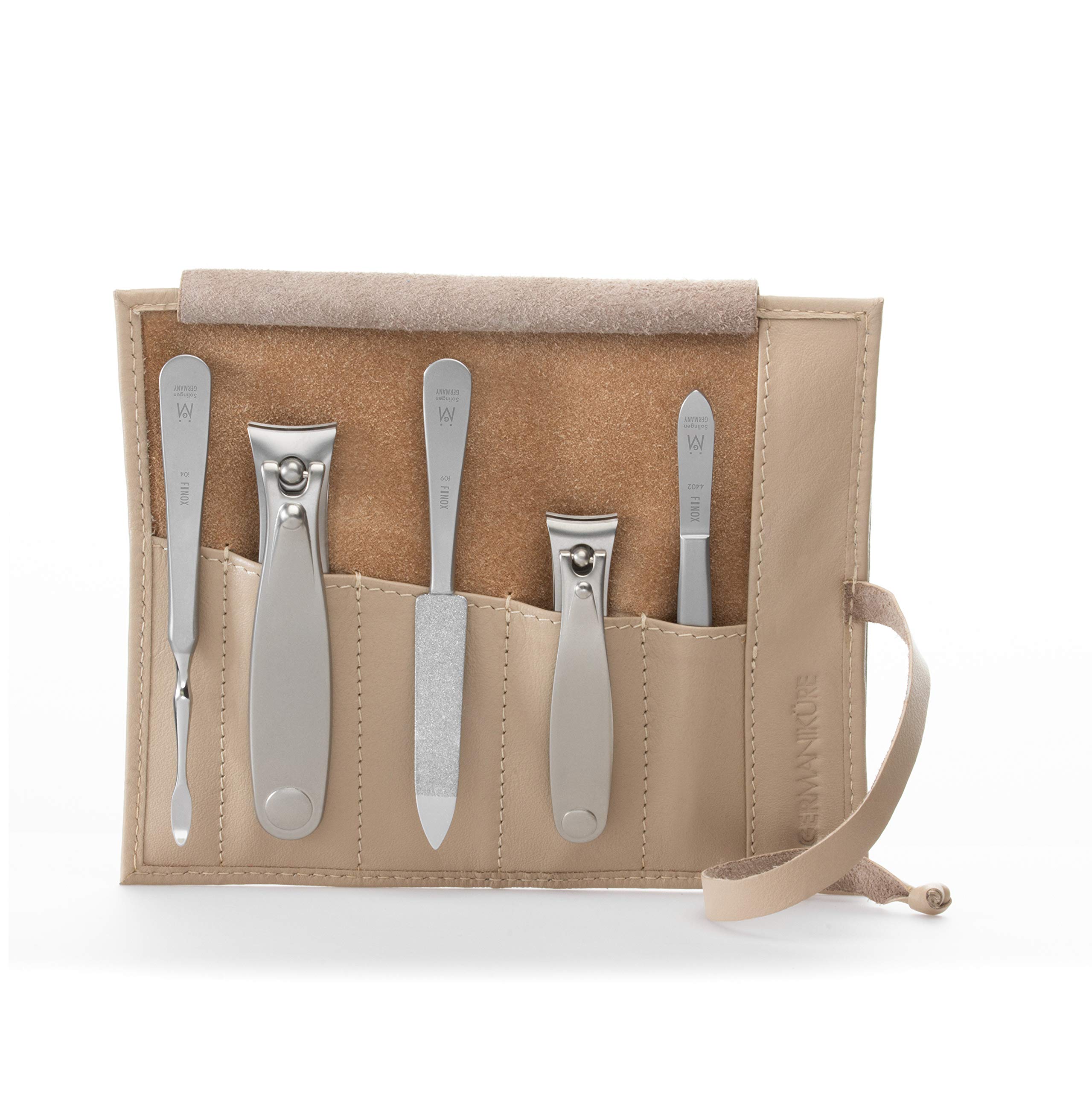 GERMANIKURE 5pc Manicure Set in Beige Leather Case - Made in Solingen Germany FINOX Stainless Steel Tools Professional