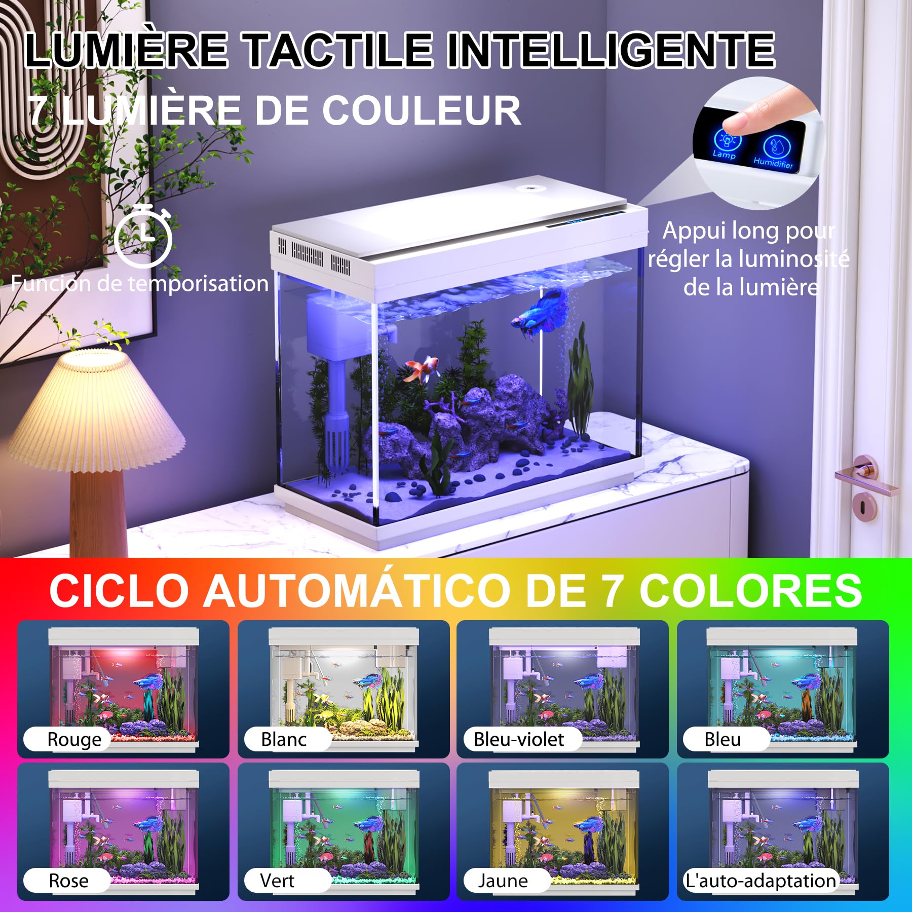 Vehipa Aquarium - Petit Aquarium 9L avec Humidificateur Intelligent, Système D'autocirculation 3 en 1, Affichage de la Température, éclairage 7 Couleurs, écran UHD