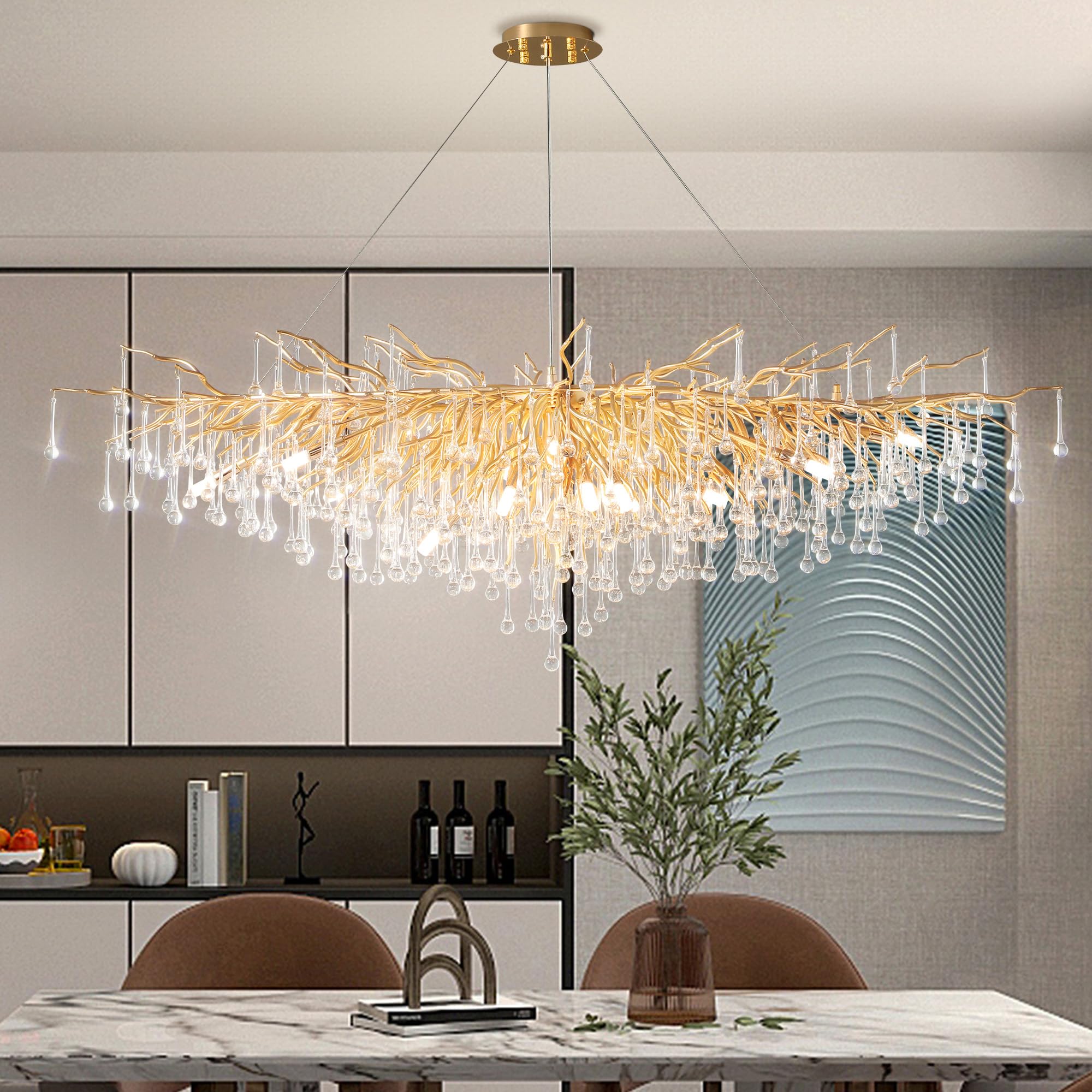 YIOSI Modern Crystal Chandelier, 63" Gold Tree Branch Chandelier, 15-Light Luxury Rectangular K9 Raindrop Chandeliers Light Fixture for Dining Room,