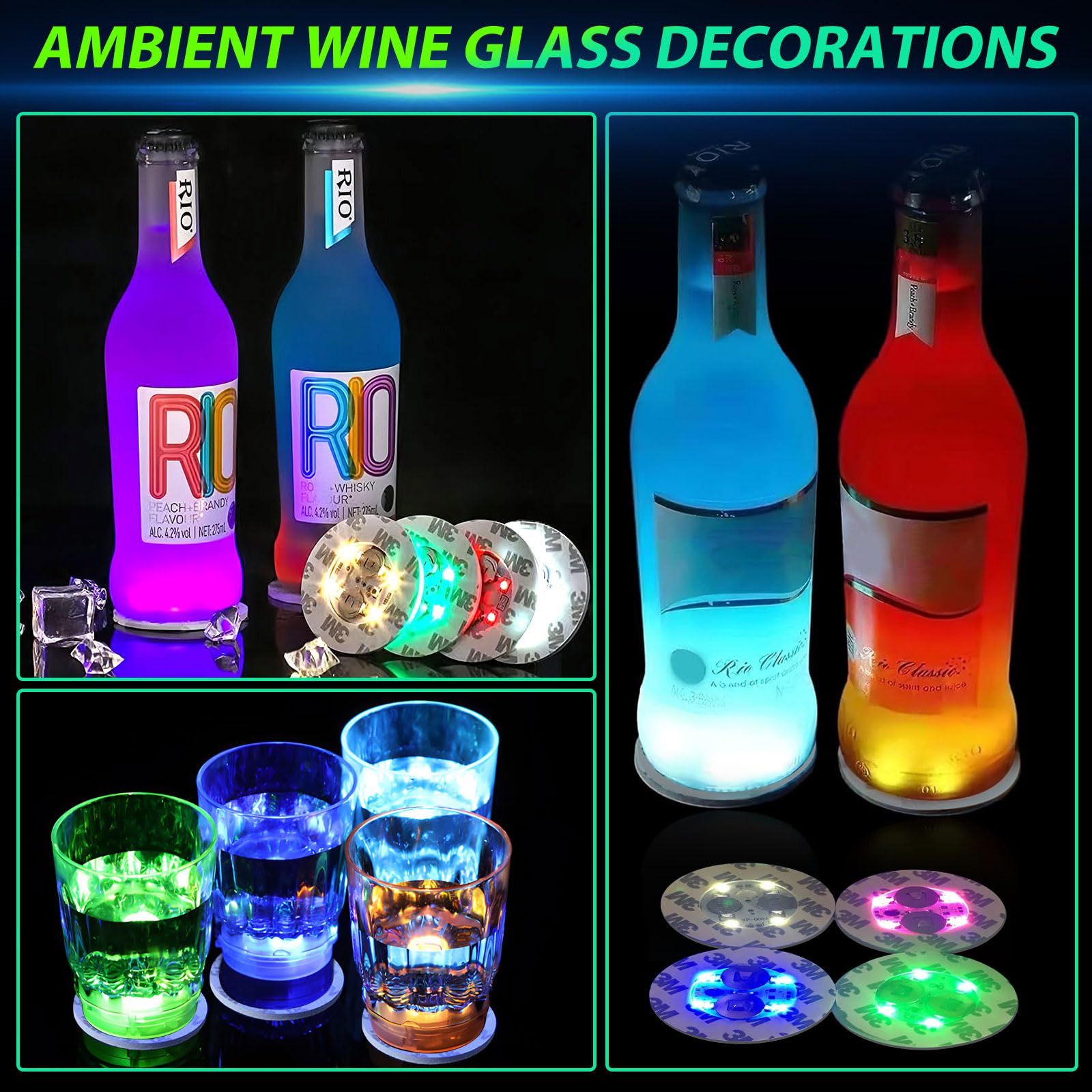 Posavasos LED Autoadhesivos 6cm 7 Modos de Luz 16 Piezas