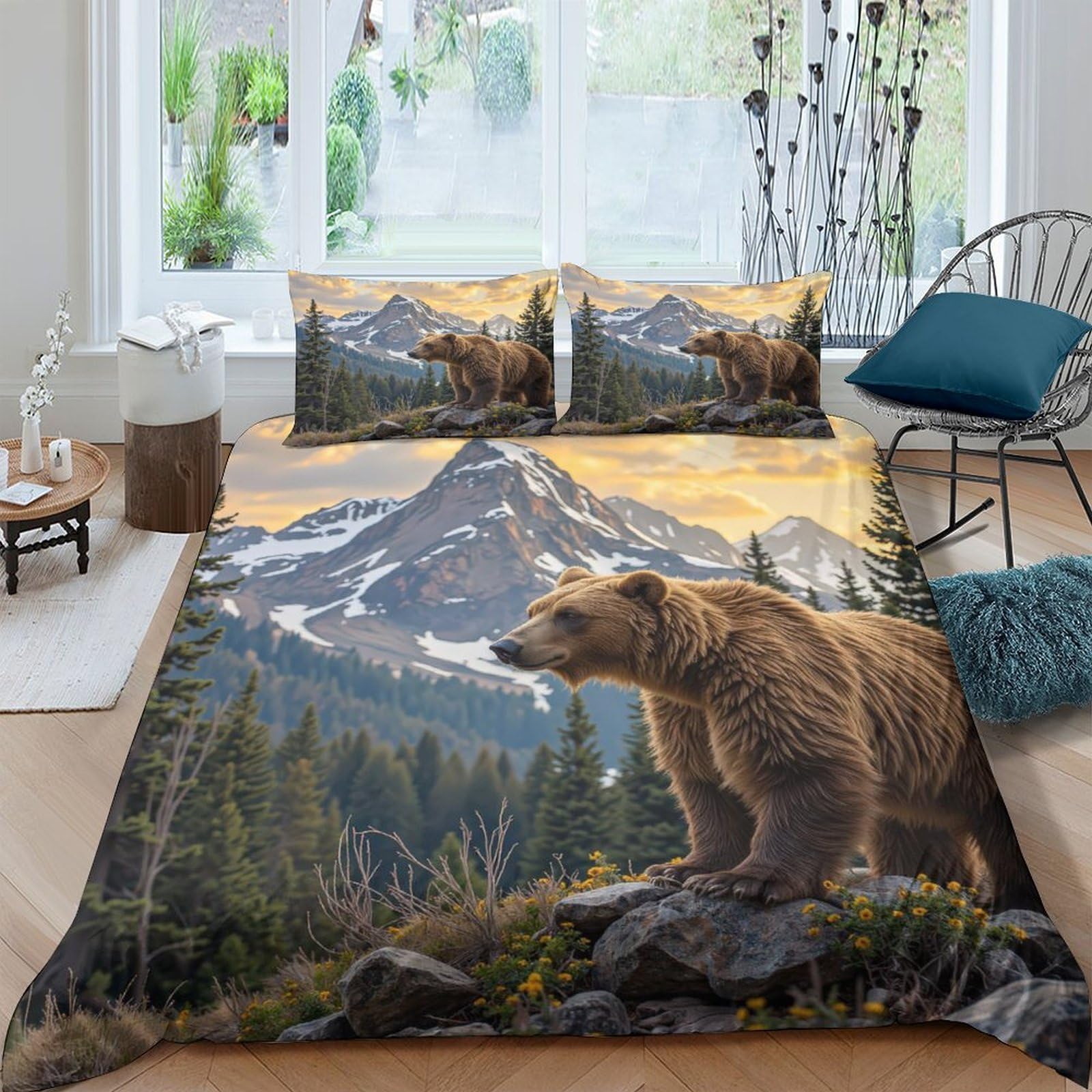 Ctjqhvkz Style-1 3D Printed Mountain Bear Fitted Sheet Microfiber Soft Breathable Forest Landscape Bed Cover For Bedroom Decor Single（135X200cm）