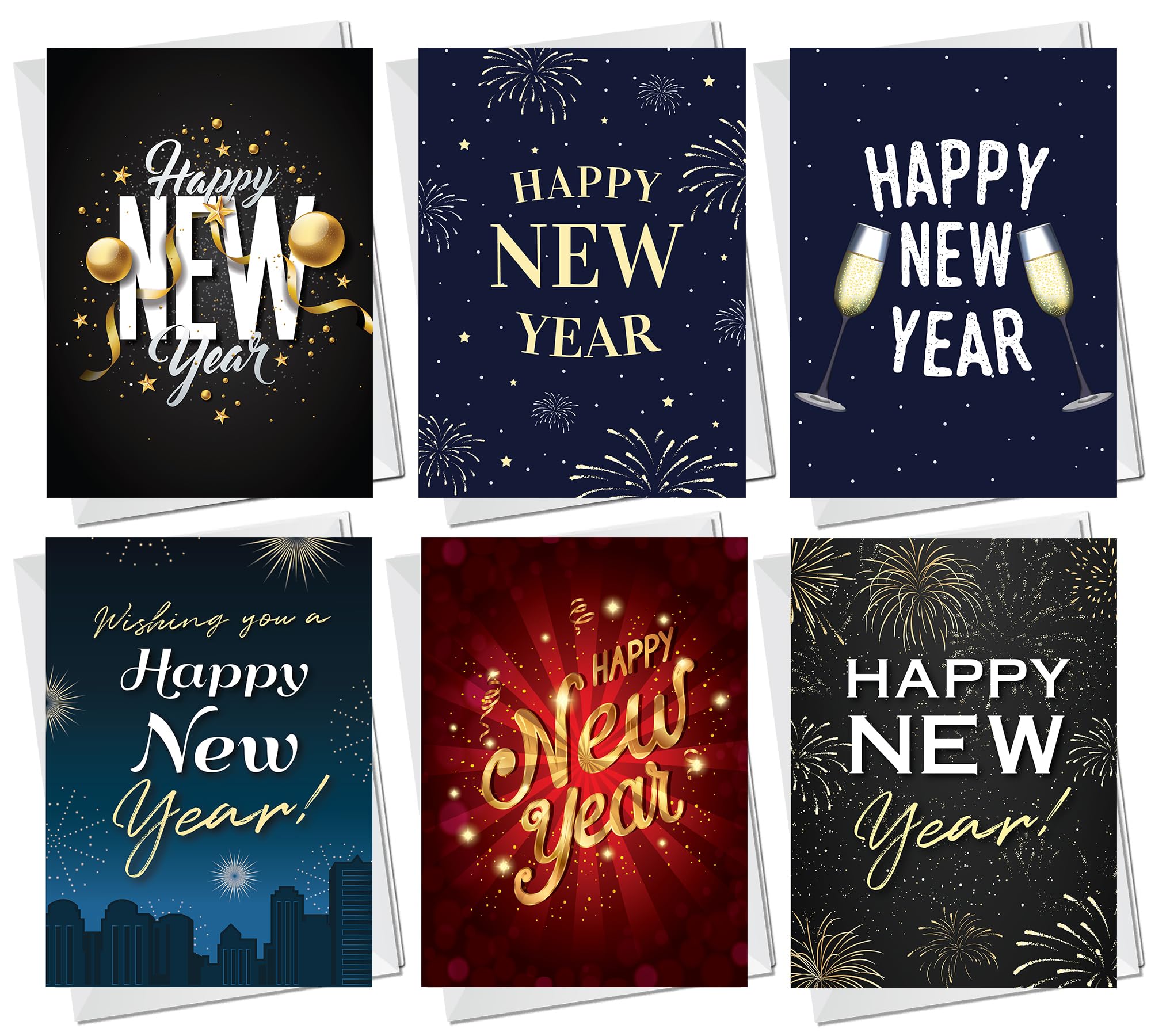 RED OCEAN Happy New Year Cards Pack of 12, Various New Year Greeting Cards & Envelopes, New Year Multipack of Cards, Cards For Friends Family Neighbours