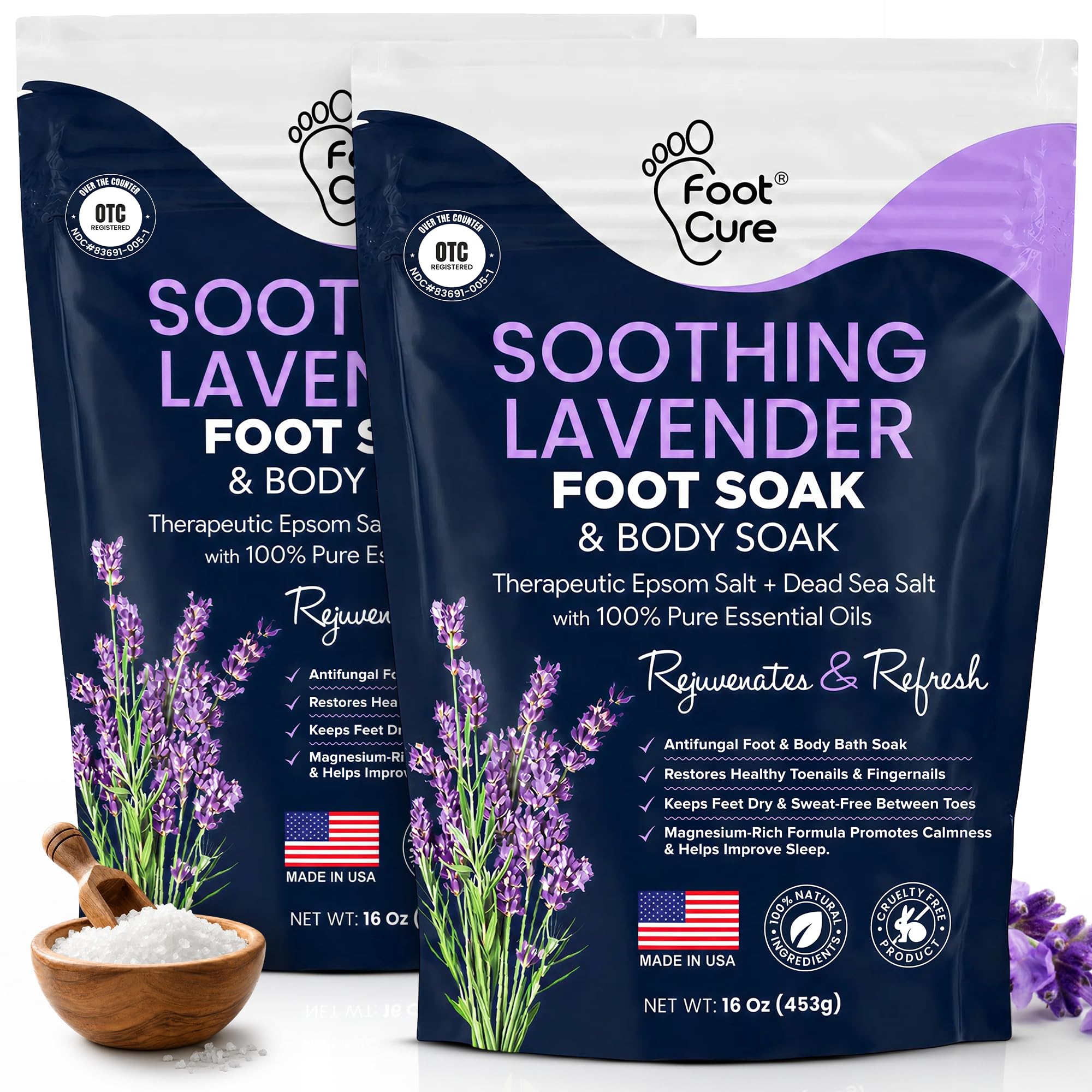 Soothing Lavender Foot Soak with Epsom Salt - Best Toenail Treatment & Softens Calluses - Soothes Sore & Tired Feet, Foot Odor Scent, Spa Pedicure - Wyprodukowano w USA - 2 sztuki