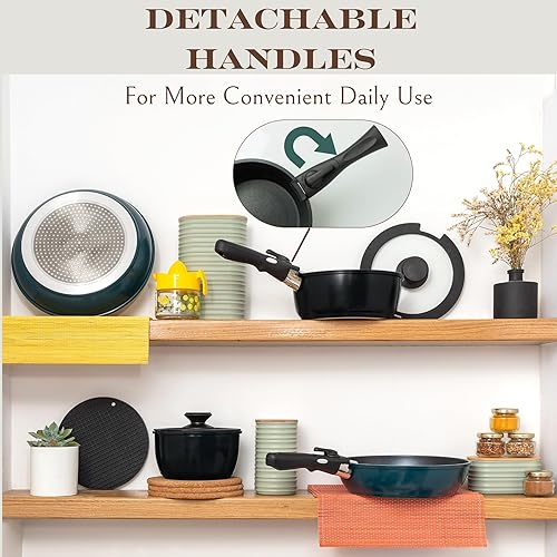 Miniatura 9 de Moss & Stone Juego de ollas y sartenes azules, juego de utensilios de cocina de inducción, apto para lavavajillas, mango desmontable, aluminio