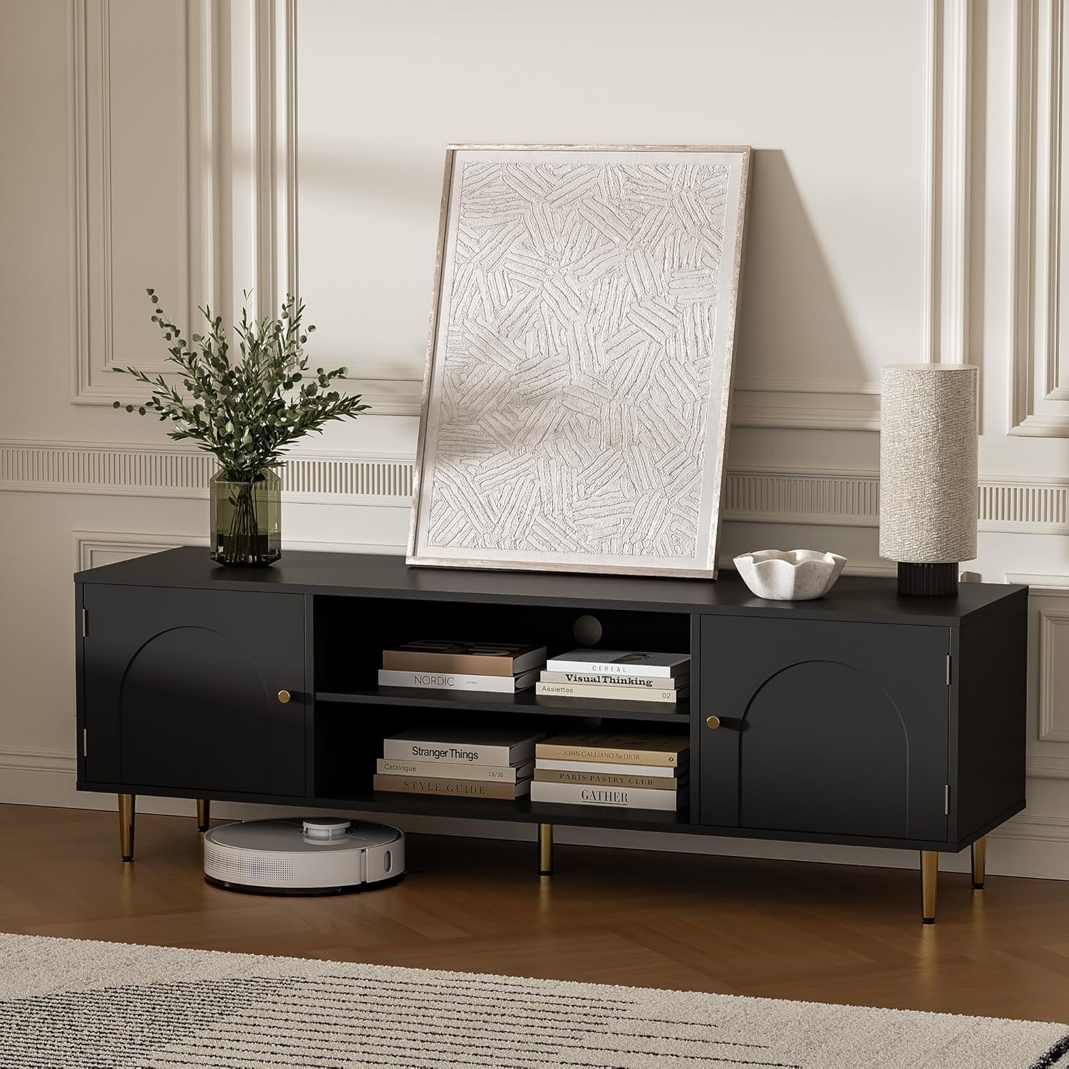 Modern TV Stand for 50/55/60 inch TV, TV Stand with Doors, Entertainment Center with Adjustable Shelf and Storage Cabinets, TV Media Console for Living Room, Bedroom, Black - Image 3