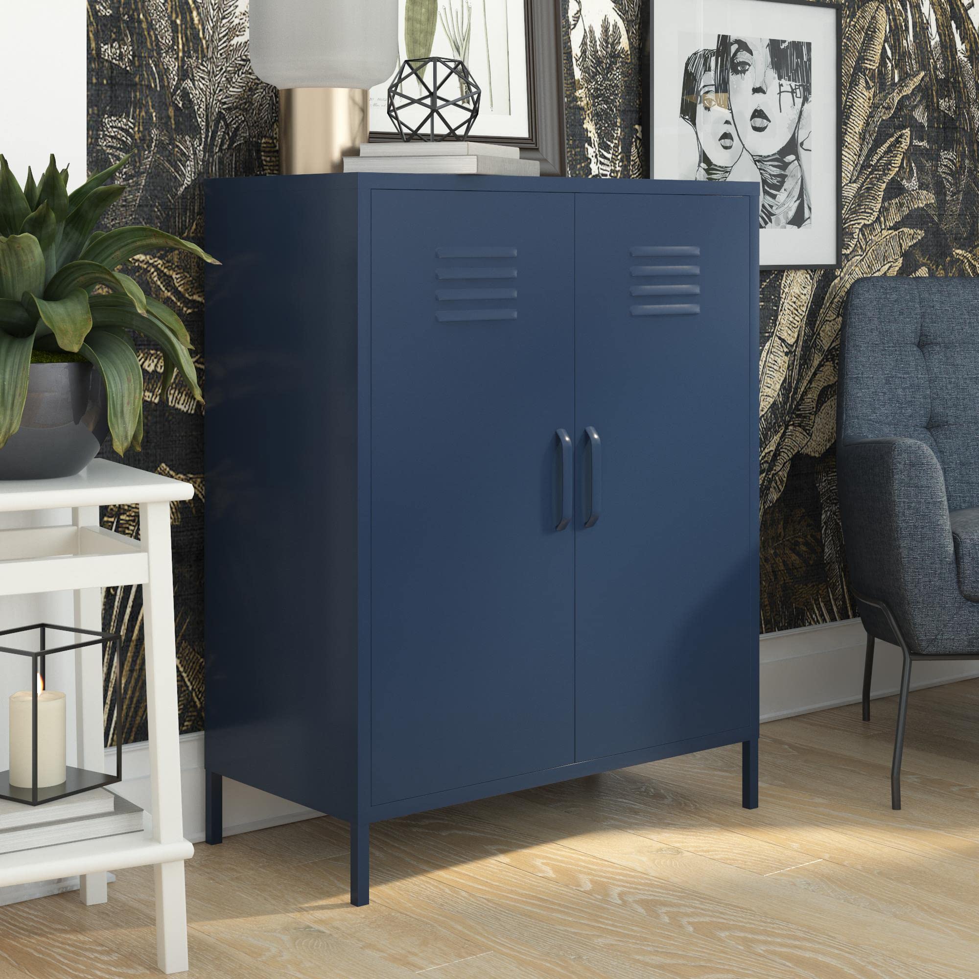 DHP Furniture Bradford Metallschrank Marineblau, 79 x 39 x 100 cm, Aufbewahrungsschrank mit 2 Türen und 3 Regalböden, Spindschrank aus Metall für Büro, Wohnzimmer, Flur und Home Office