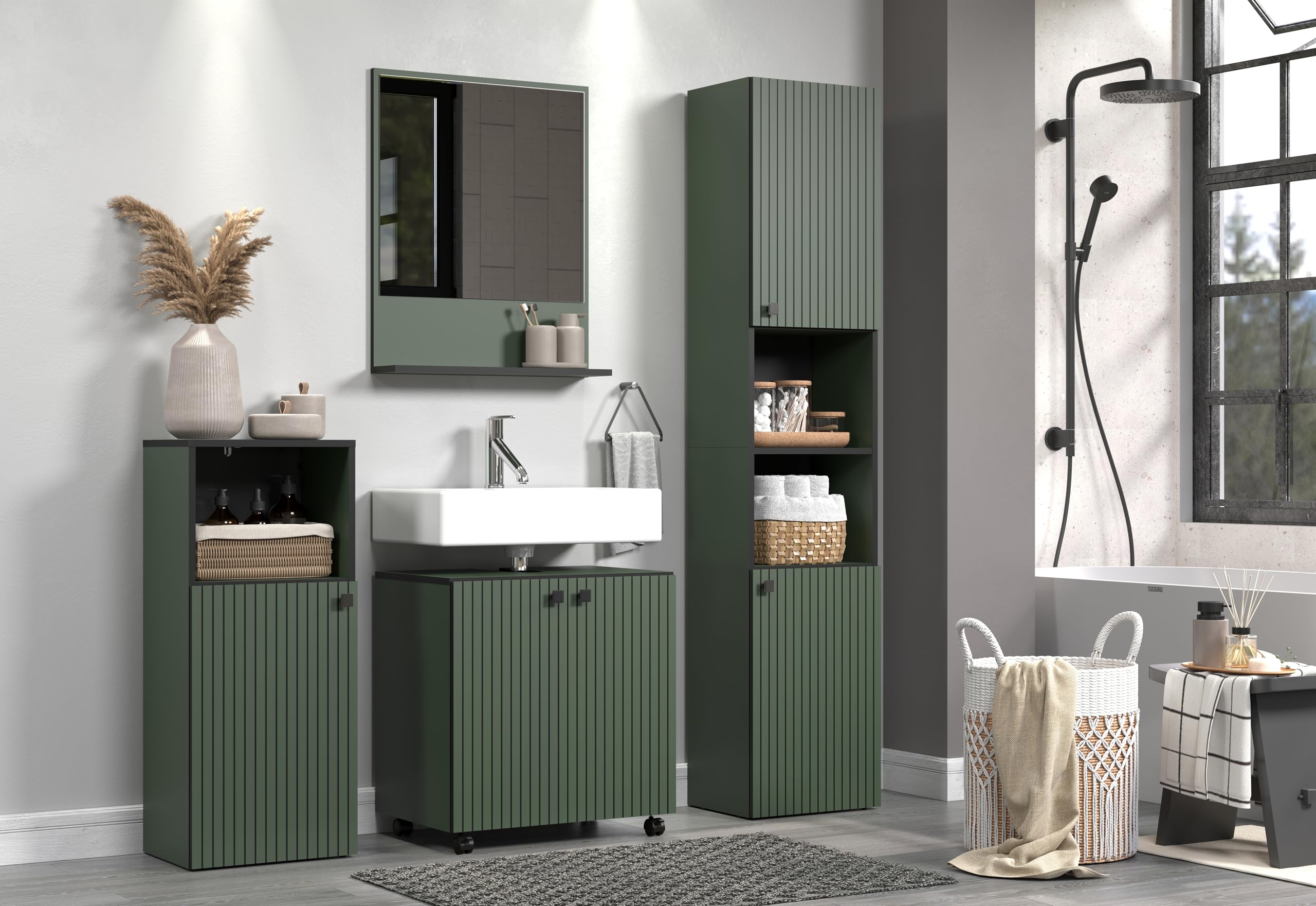 trendteam smart living - PureBliss – szafka pod umywalkę na kółkach – zielona – umywalka z półką wkładaną – (szer. x wys. x gł.) 60 x 64 x 42 cm – szafka łazienkowa o wyglądzie rowków – eleganckie