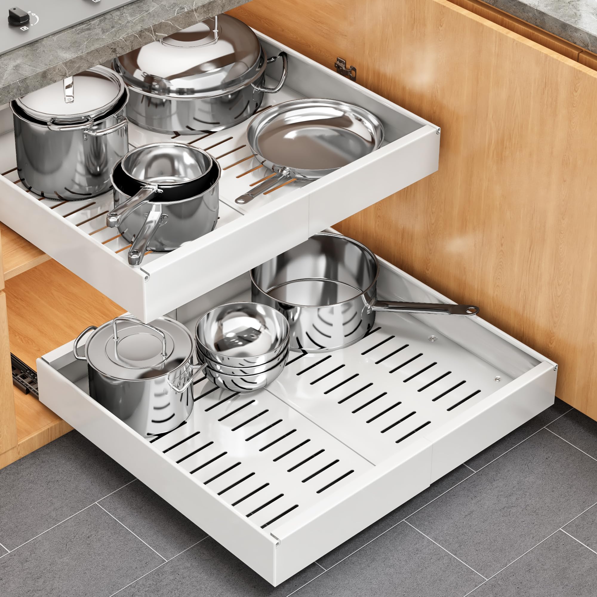 Photo 1 of Pull out Cabinet Organizer, 2 pack, 20.5" Deep Heavy Slide out Drawers, Upgrade Three triple-slide Rail Systems, Expandable 12.8"-20.8" Roll out Shelf Storage for Kitchen Base Cabinet Organization