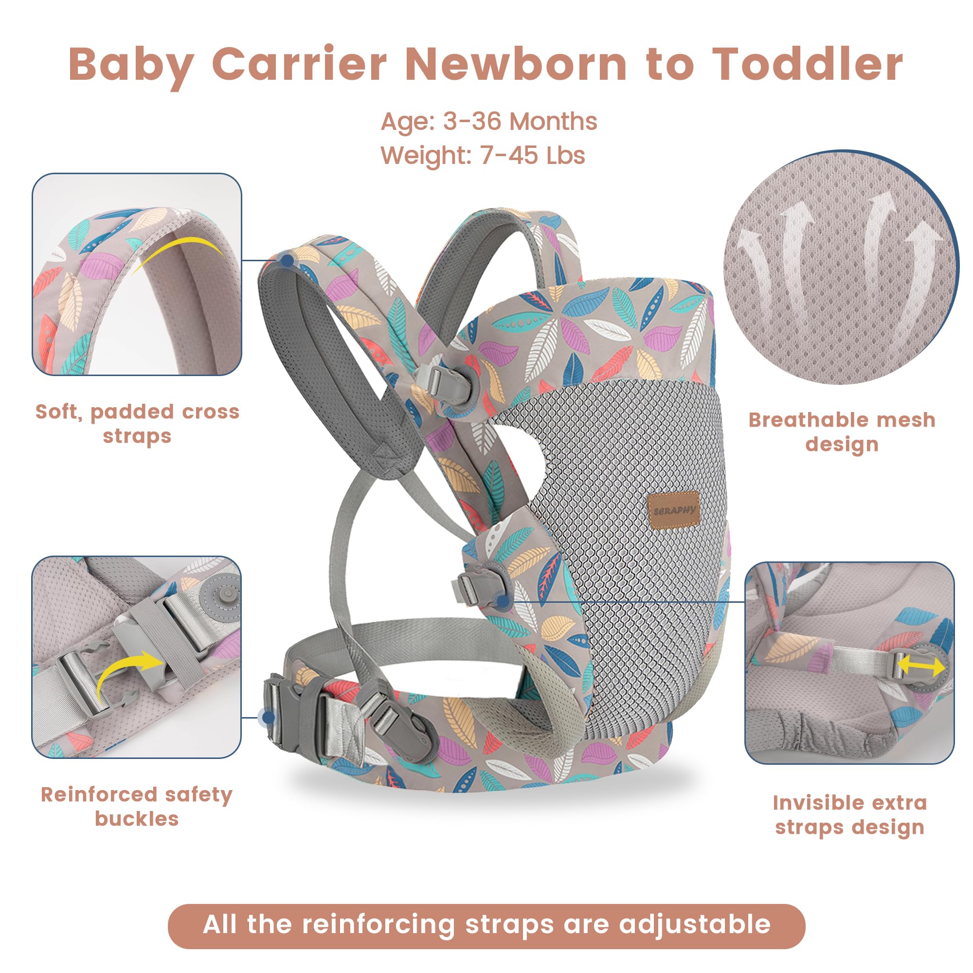 SERAPHY Baby Carrier Newborn to Toddler, Ergonomic Infant Carrier, Breathable Mesh Baby Holder Carrier, Adjustable Front Facing and Backpack Carrier for Babies 0-24 Months up to 45lbs -Grey Leave
