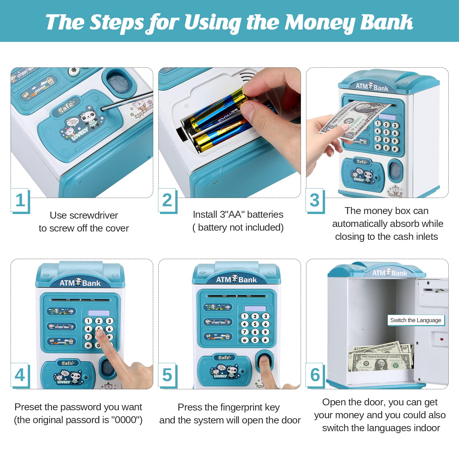 ミニATM貯金箱 貯金箱 リアルマネー用 電子音声 指紋暗証番号 パスワード キッズセーフボックス クールなギフト 子供 女の子 男の子 大人向け  貯金箱 現金コイン マネージャー 子供用安全ボックス 指紋認証パスワード付き 電子玩具 ATM貯金箱 大人/子供向け クールなもの