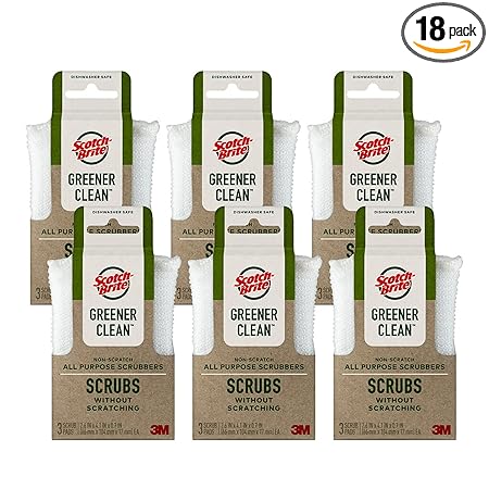 Scotch-Brite Greener Clean Non Scrubbers Ideal for Dishwashing, Kitchen, Bathroom and More, Scours Without Scratching, 18 Pads