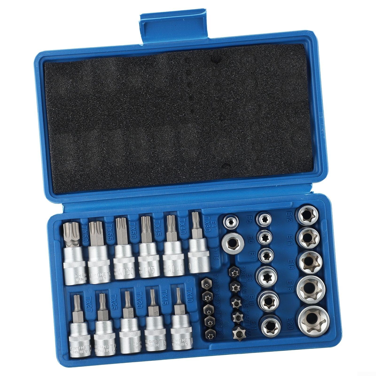 Set completo di chiavi a bussola Torx a stella e punte, 34 pezzi/set, in acciaio al cromo vanadio