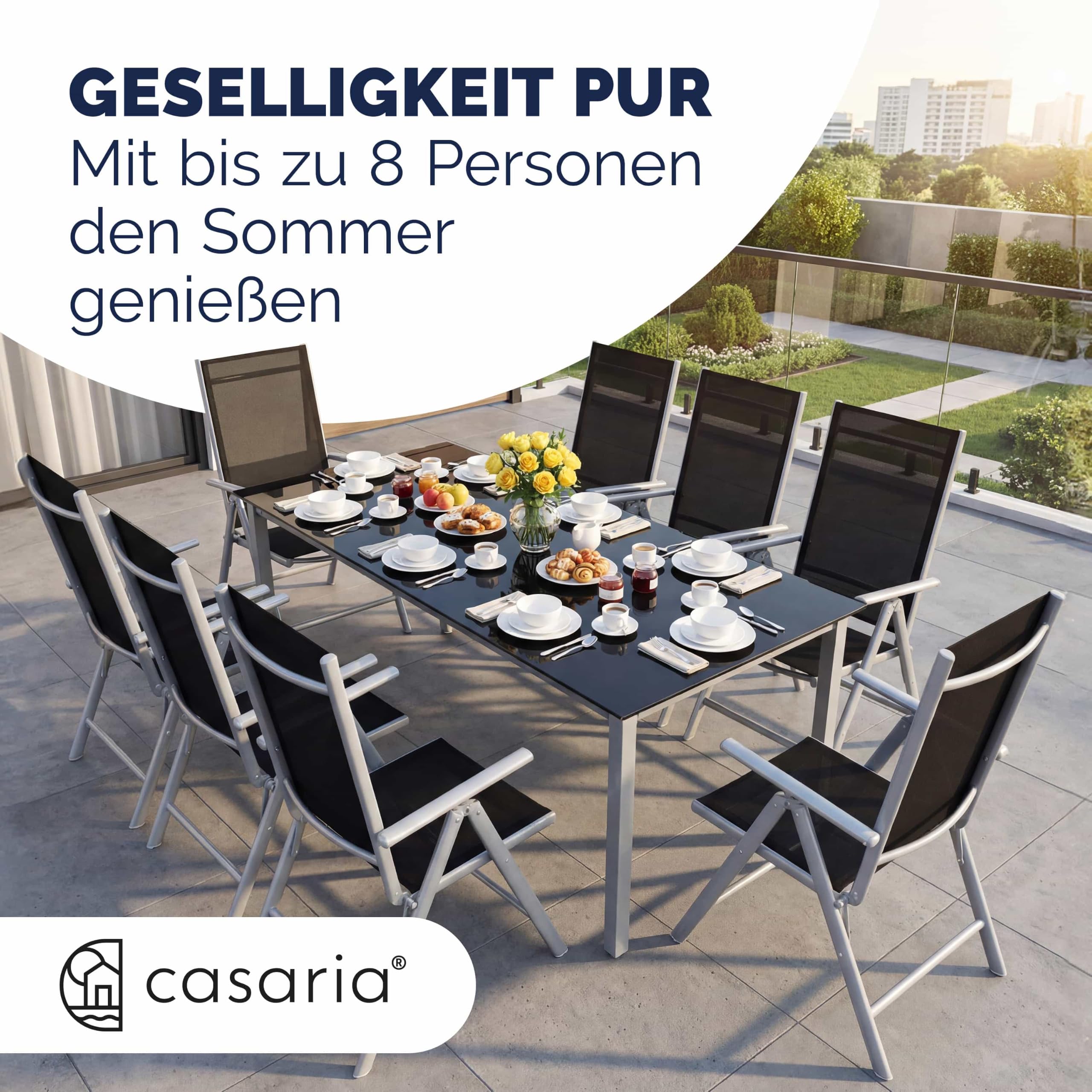 Casaria® Gartenmöbel Set 8 Stühle mit Tisch 190x90cm Aluminium Sicherheitsglas Wetterfest Klappbar Modern Terrasse Balkon Möbel Sitzgruppe Garnitur Bern