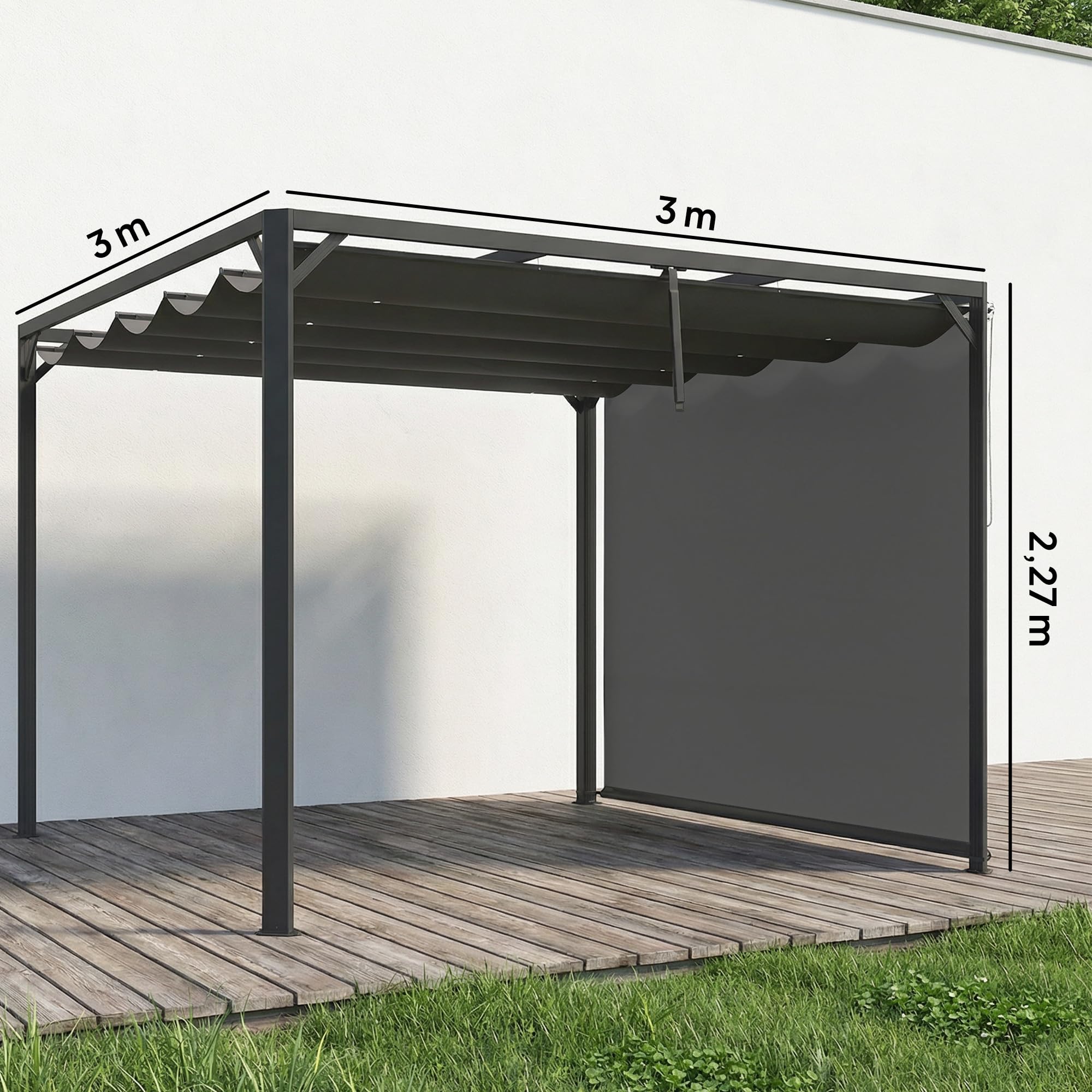 Outsunny Pérgola de Jardín 3x3 m con Techo Retráctil, Pared Lateral Enrollable y Estructura de Aluminio, Cenador de Jardín con UPF30+, Pabellón para Exterior, Patio, Terraza, Gris Oscuro