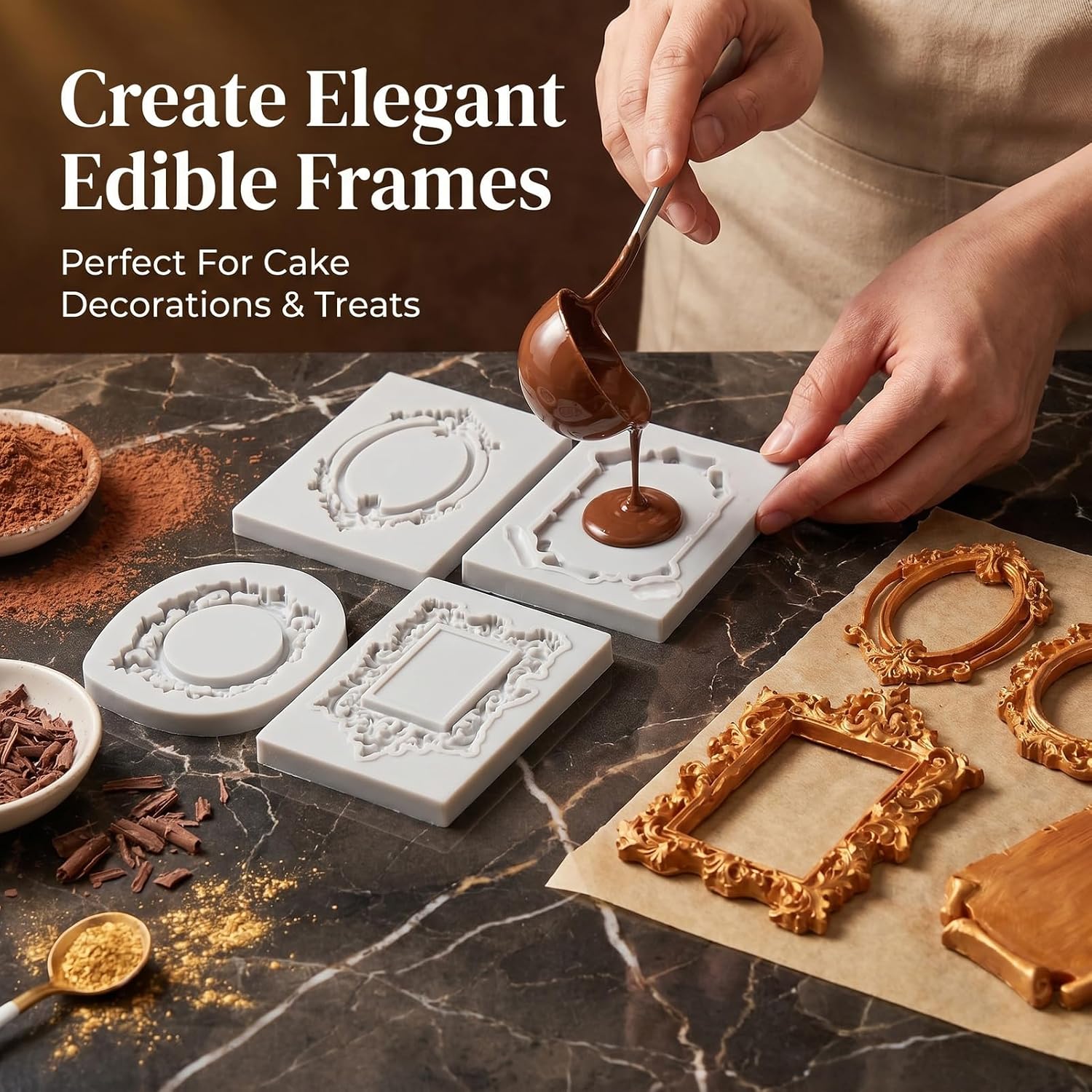 4-Piece Gray Picture Frame Silicone Molds, Baroque Vintage Fondant Molds​ for Chocolate Candy​ Cake Decorating, Mini Frame Molds​ for Cupcake Topper, Resin Clay Crafts