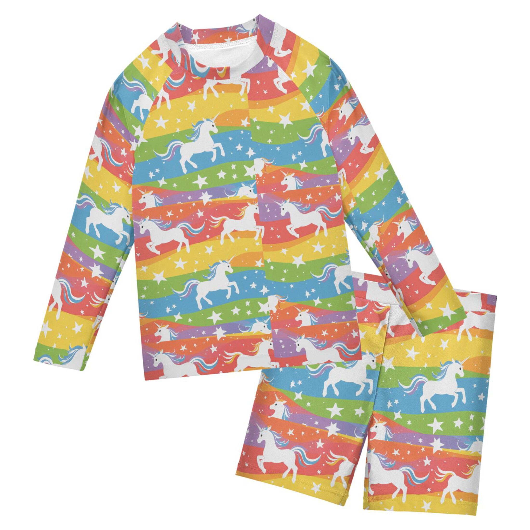 Rainbow Unicorn Boys Rash Guard Swimsuits Set for Boys Long Sleeve Swim Shirts Bathing Suits with Trunks B0404527