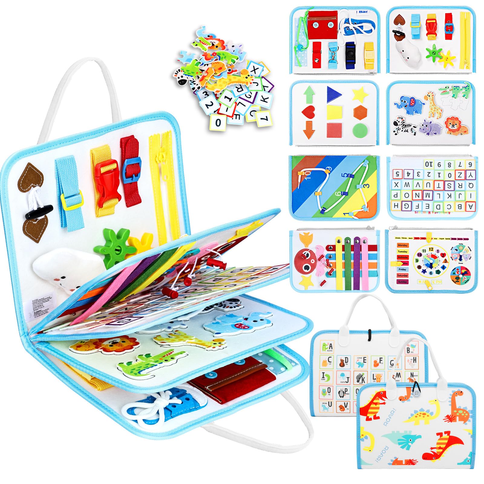 Esjay Toddler Busy Board Montessori Toys for Boys Girls, Sensory Book Educational Activities for Learning Fine Motor Skills, Birthday Gifts for Toddlers, Travel Toys for Airplane Car, White Dinosaur