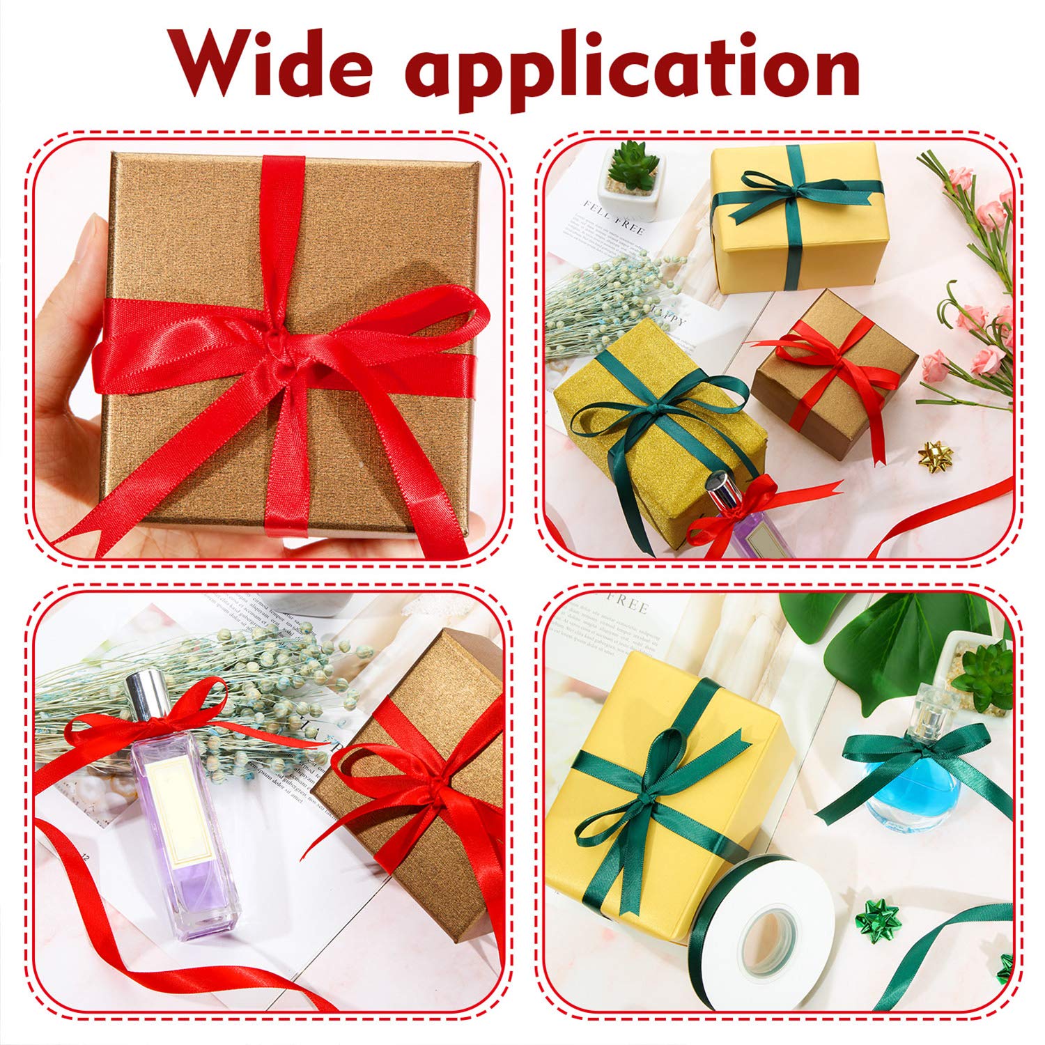 2 Rolls Wrapping Ribbon - Cake & Hair Accessories Ribbon for Crafts & Party Decorations (Red, Green)