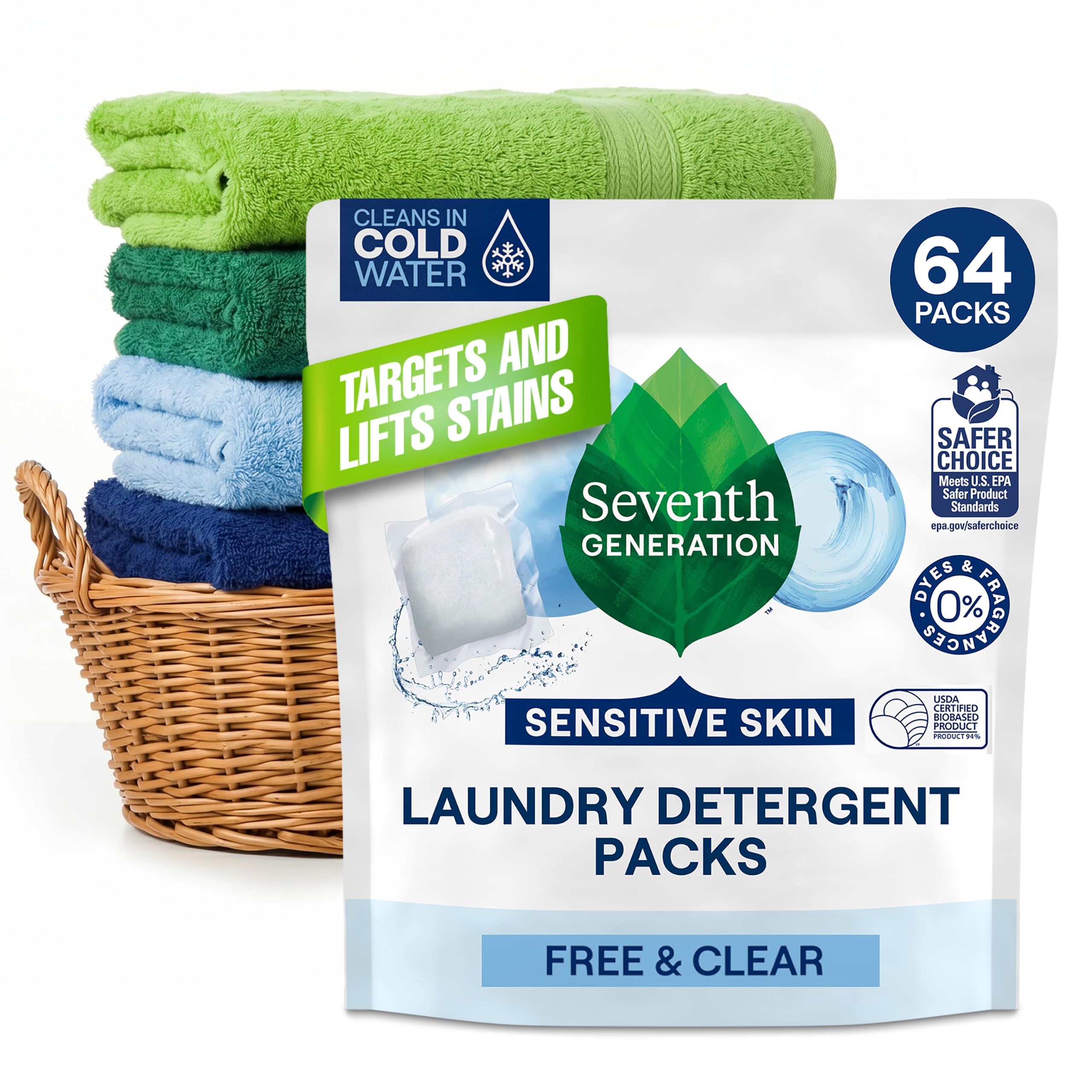 Seventh Generation Laundry Packs, Free &amp; Clear, Sensitive Skin, 64 Count