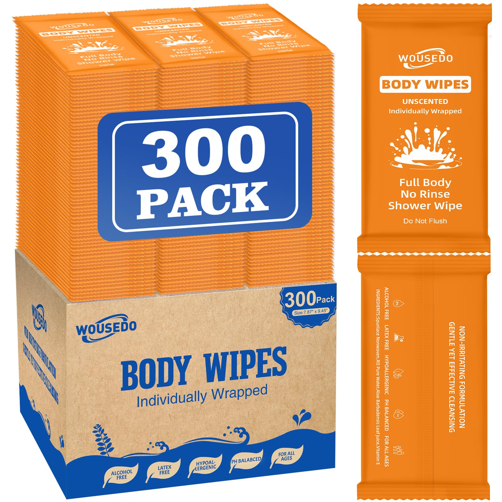 300 Pcs Ultra Thick Soft Large Body Wipes Individually Wrapped(7.87" x 9.45"),Shower Wipes for Adults Bathing No Rinse,Personal Cleansing Wipes for
