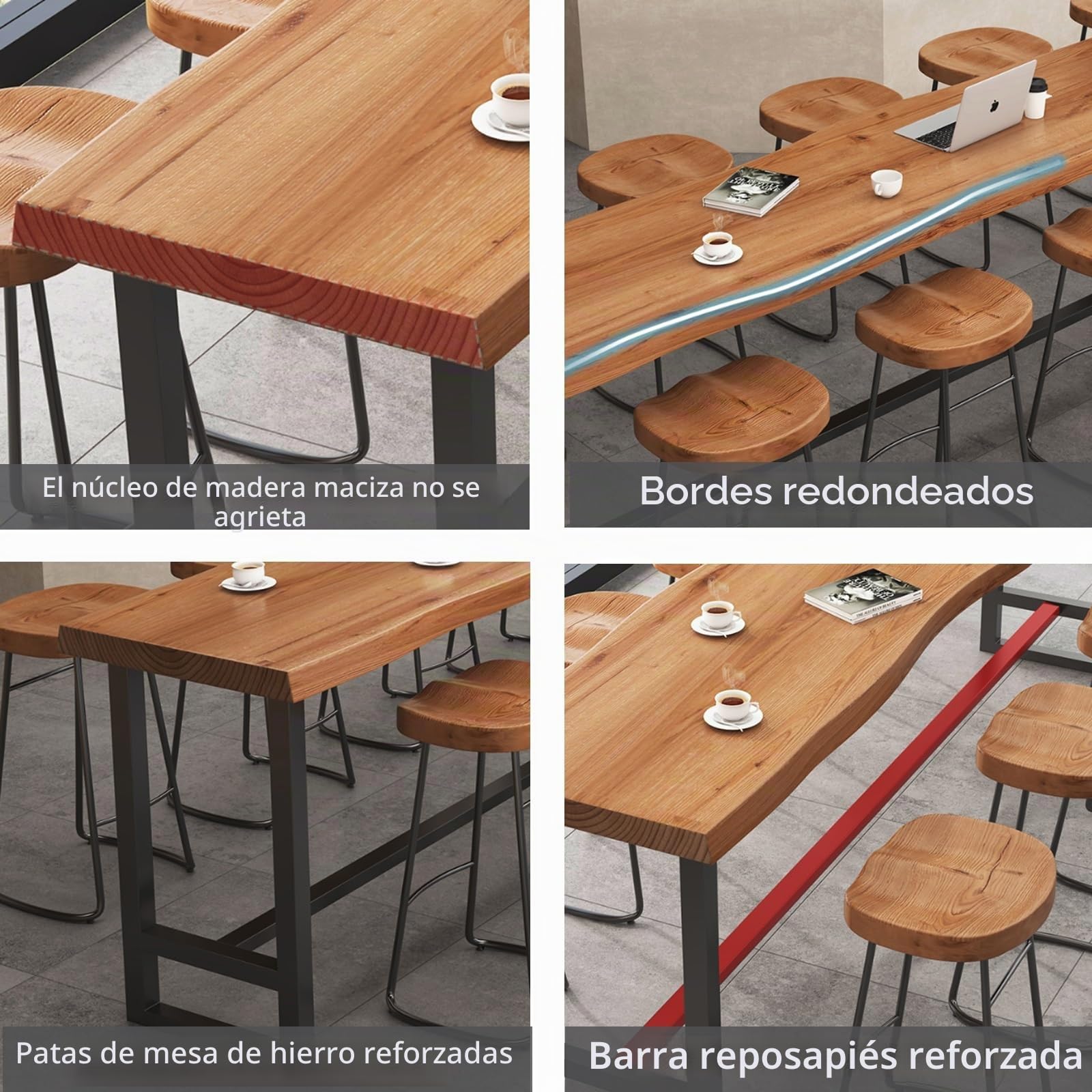 Mesa Alta de Cocina Industrial Marrón con Borde Rectangular al Aire Libre - Estilo Country de Madera Maciza