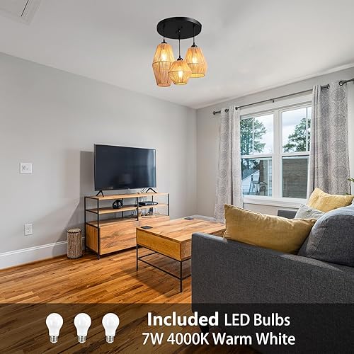 Miniatura 5 de Lámpara colgante de ratán de 3 luces, candelabro bohemio tejido a mano, lámpara colgante de mimbre, lámpara de cocina y comedor sobre mesa, luz