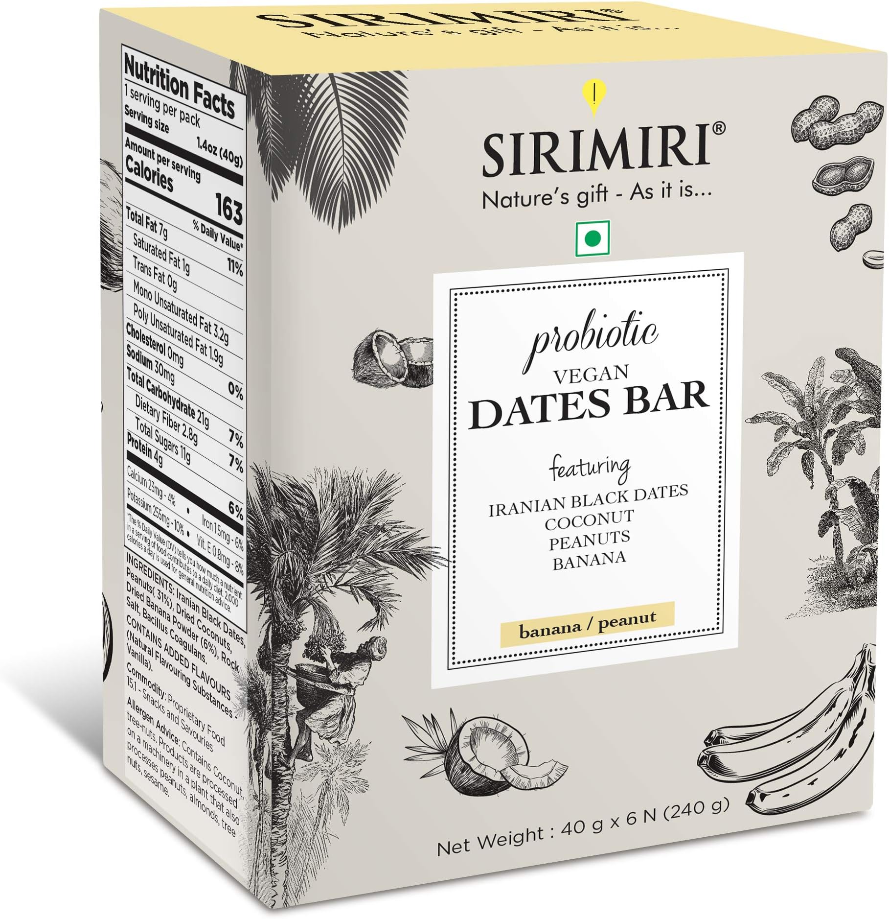 SIRIMIRI Probiotic Vegan Dates Bar - Banana & Peanut - Pack of 6 (Each 40g)