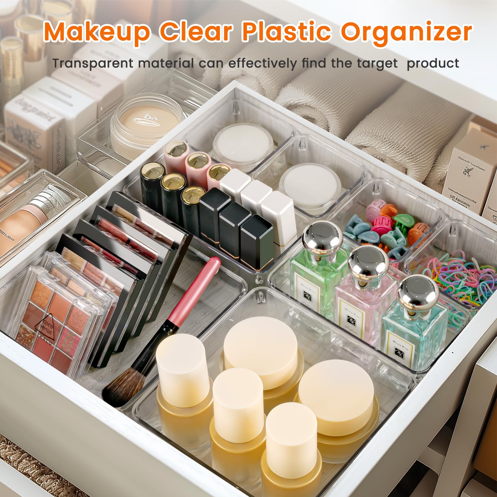 Criusia Organizer per cassetti, confezione da 18 contenitori in plastica trasparente, versatili per organizzare e riporre oggetti, per cucina, bagno, trucco e ufficio